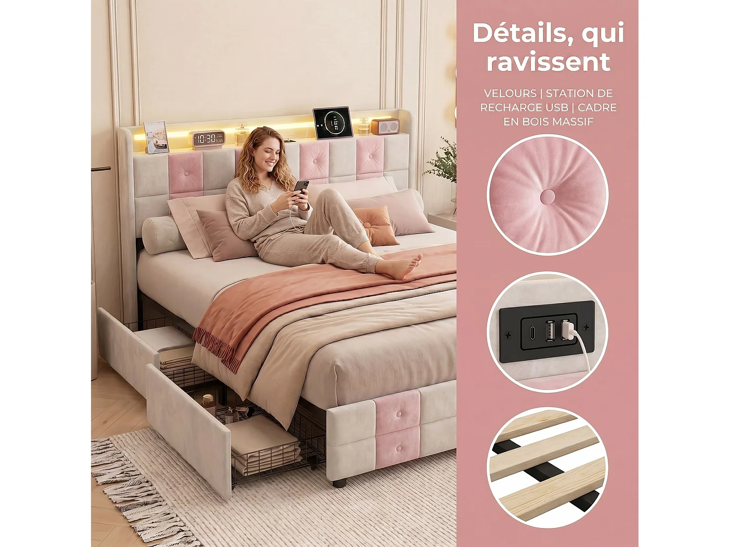 Lit double capitonné 140x200 cm avec tiroirs, sommier à lattes et tête de lit rembourrée avec LED, revêtement en velours blanc et rose