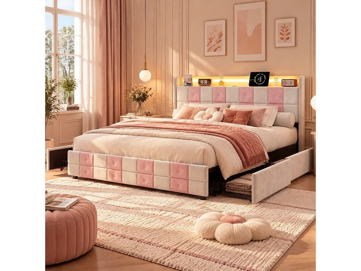 Lit double capitonné 140x200 cm avec tiroirs, sommier à lattes et tête de lit rembourrée avec LED, revêtement en velours blanc et rose