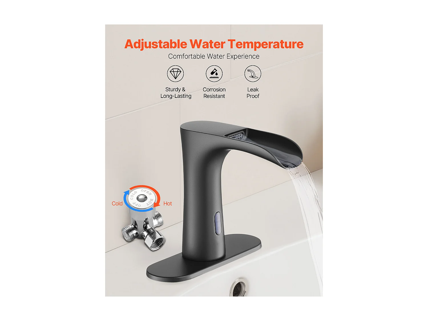 Grifo Mezclador Automático SucceBuy sin Contacto, Grifo con Sensor Electrónico de Lavabo, Mezclador de Agua Caliente y Fría Moderno para Tubo de 9,5 mm, Negro Mate