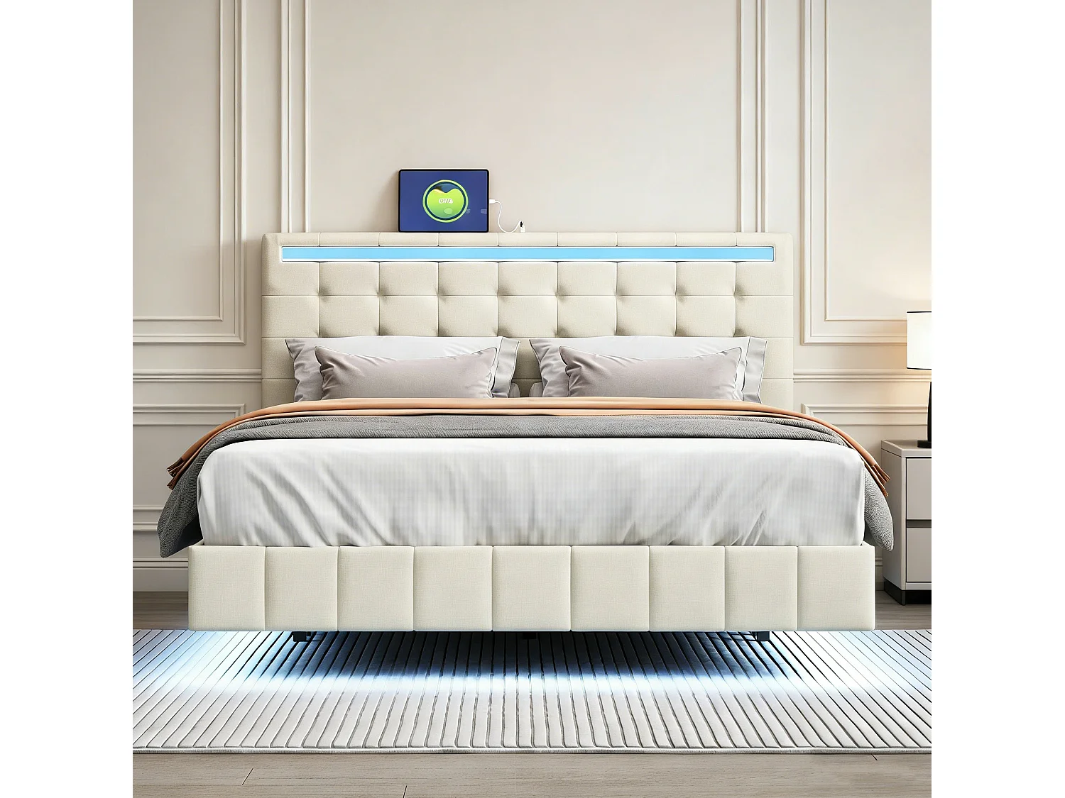 Lit adulte 140x200 cm en lin, Sommier à lattes, cadre flottant avec LED,lit double 140x200 cm tête de lit réglable, beige