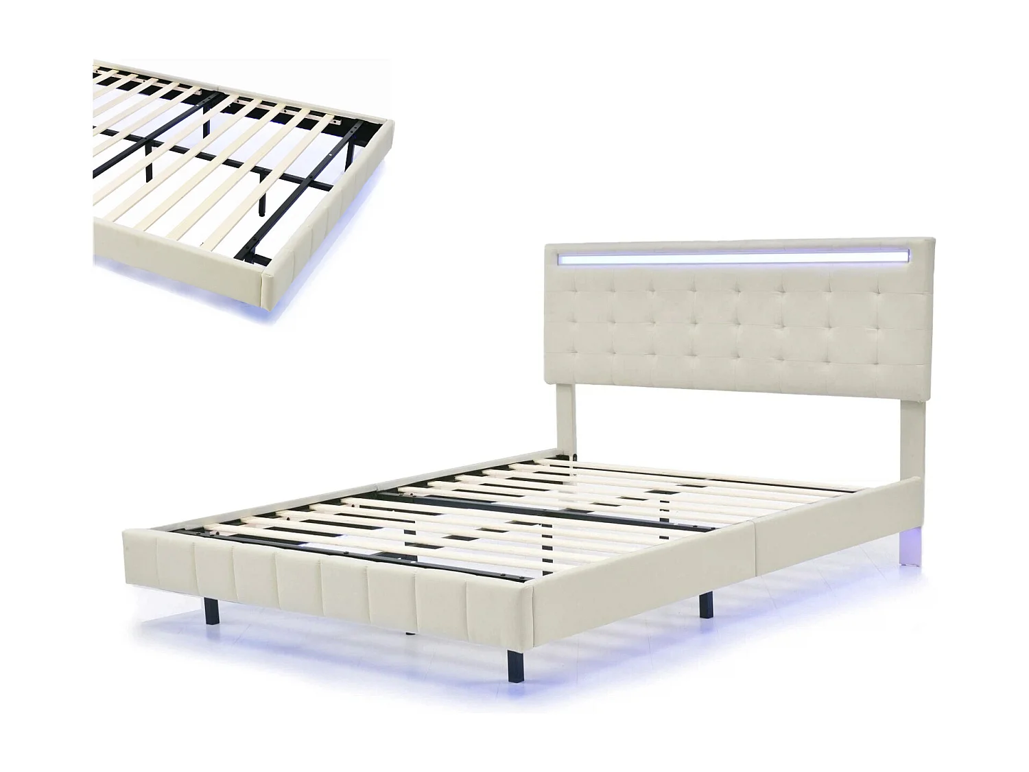 Lit adulte 140x200 cm en lin, Sommier à lattes, cadre flottant avec LED,lit double 140x200 cm tête de lit réglable, beige