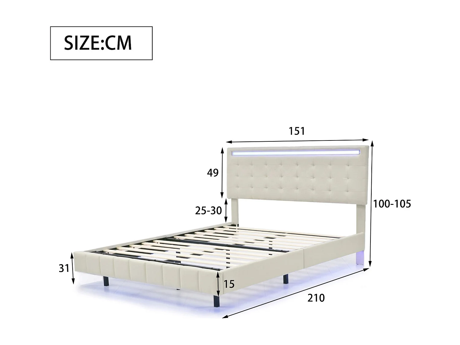 Lit adulte 140x200 cm en lin, Sommier à lattes, cadre flottant avec LED,lit double 140x200 cm tête de lit réglable, beige