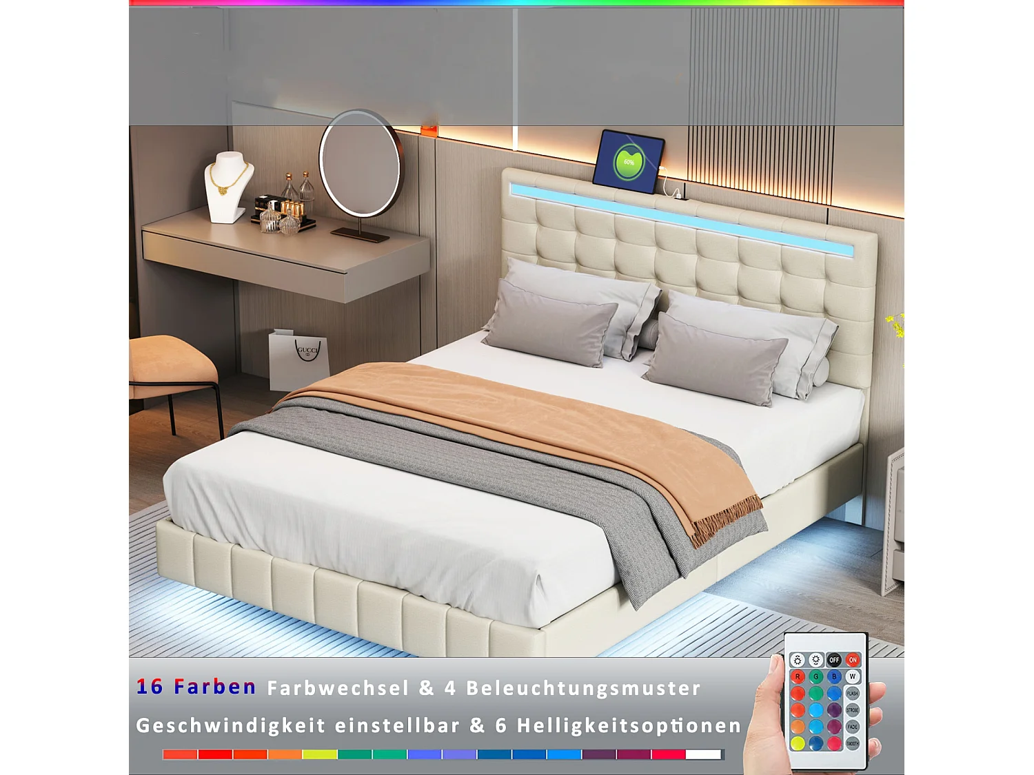 Lit flottant 140x200 cm en tissu lin beige - Lit adulte double avec tête de lit réglable, sommier à lattes et éclairage LED intégré