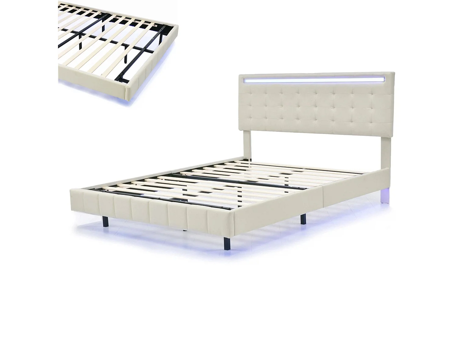 Lit flottant 140x200 cm en tissu lin beige - Lit adulte double avec tête de lit réglable, sommier à lattes et éclairage LED intégré