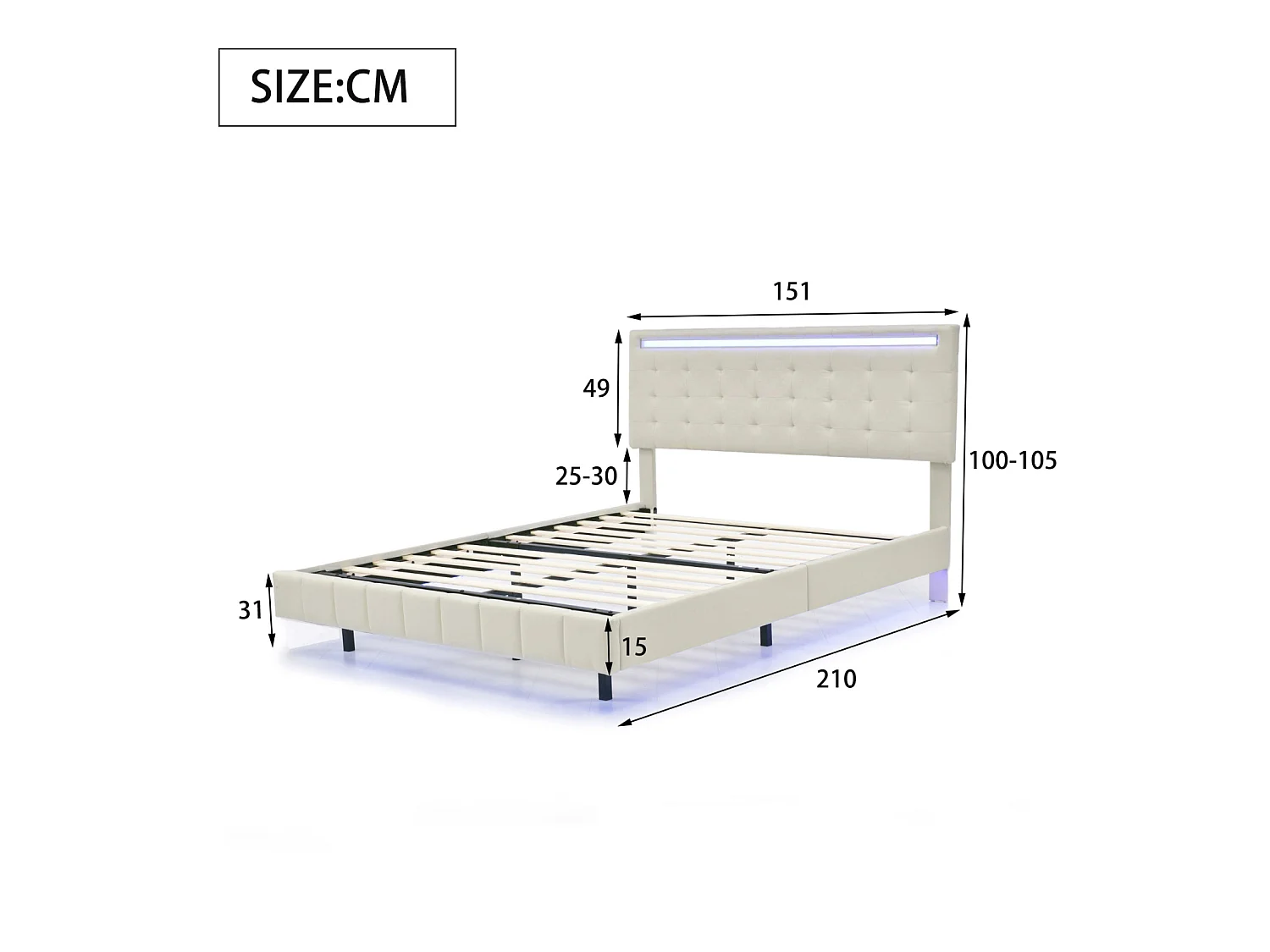 Lit flottant 140x200 cm en tissu lin beige - Lit adulte double avec tête de lit réglable, sommier à lattes et éclairage LED intégré
