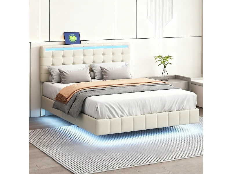 Lit adulte 140x200 cm en lin, Sommier à lattes, cadre flottant avec LED,lit double 140x200 cm tête de lit réglable, beige