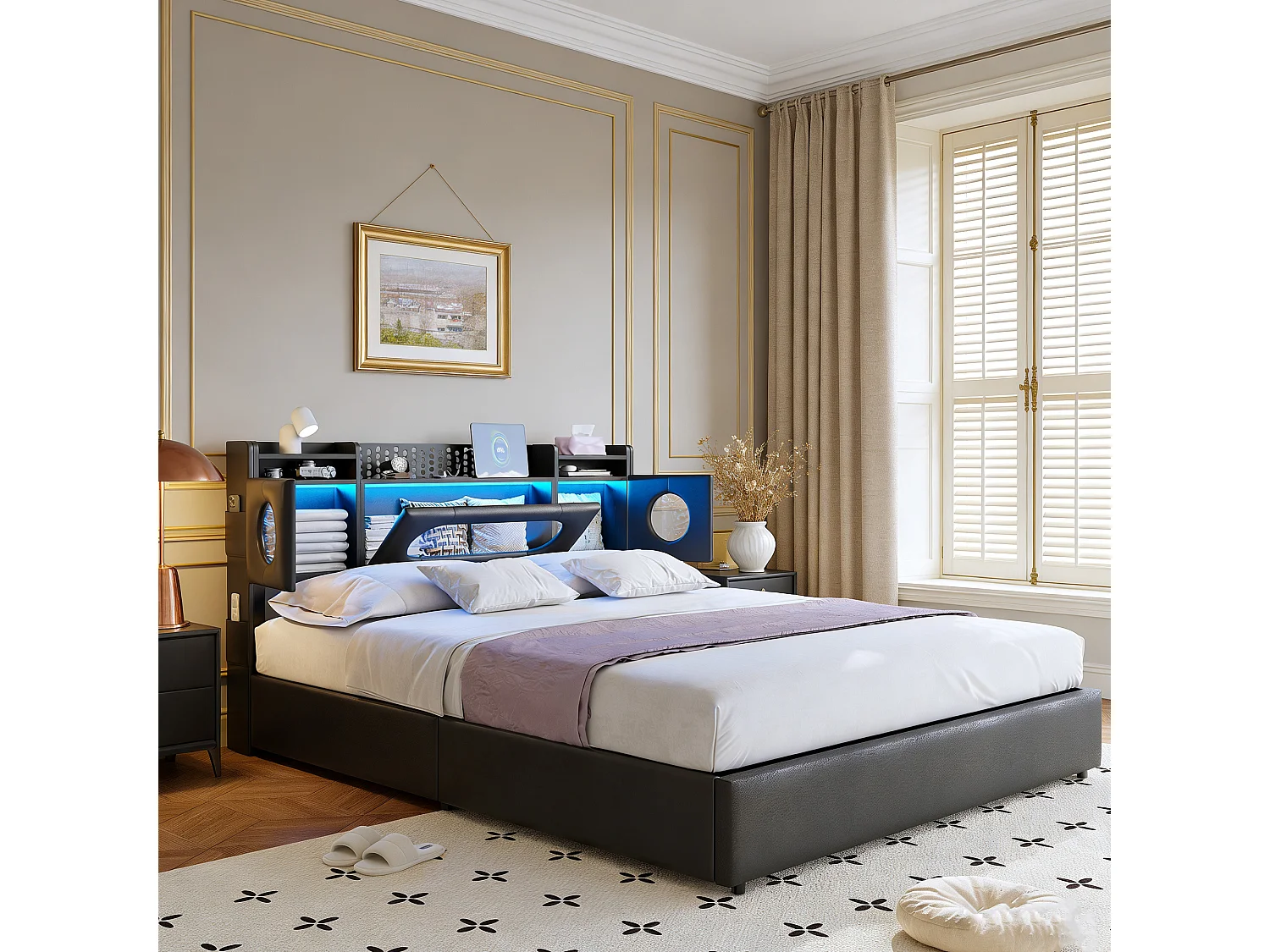 Lit adulte 140x200 coffre  - USB et Type C - lit double 140x200 cm avec sommier à latte - LED - style moderne - Noir - rangement dissimulé à la tête du lit