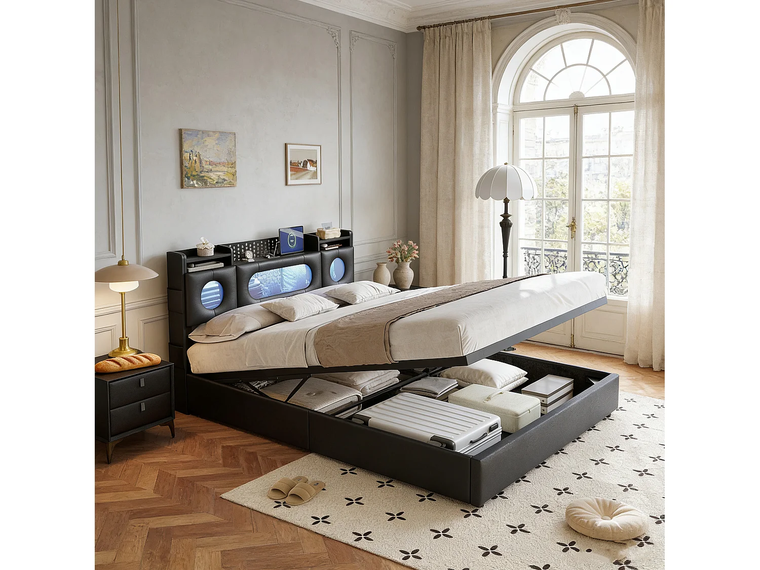 Lit adulte 140x200 coffre  - USB et Type C - lit double 140x200 cm avec sommier à latte - LED - style moderne - Noir - rangement dissimulé à la tête du lit