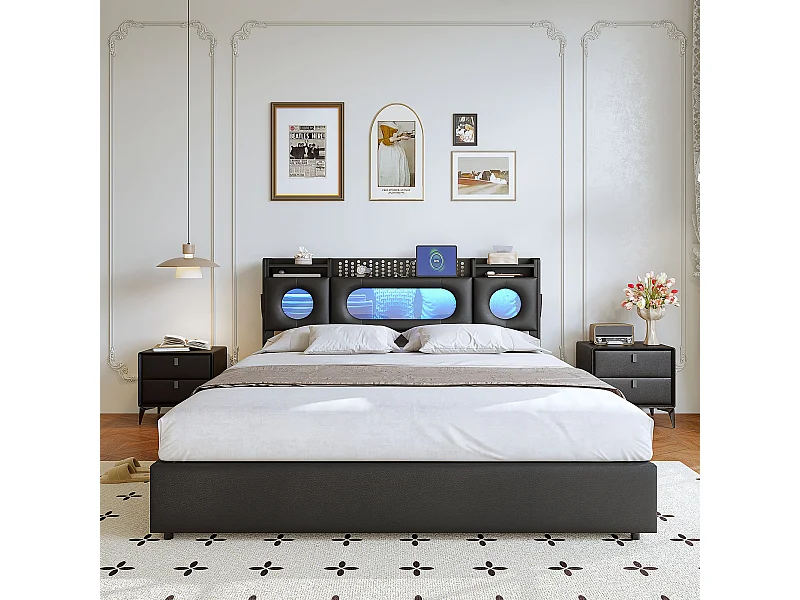 Lit adulte 140x200 coffre  - USB et Type C - lit double 140x200 cm avec sommier à latte - LED - style moderne - Noir - rangement dissimulé à la tête du lit