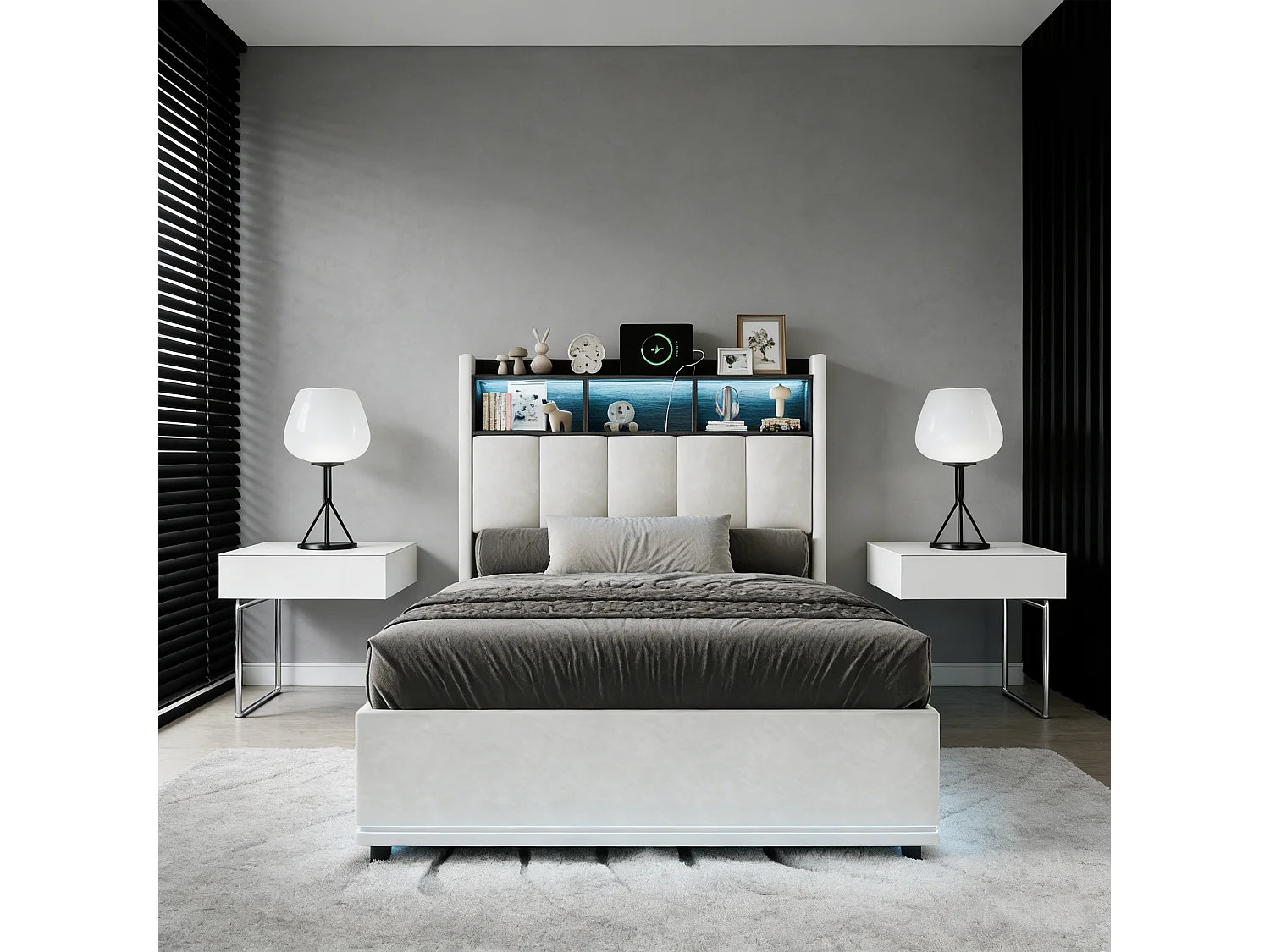 Lit coffre 90x200 cm rembourré, sommier à lattes, lit d'adulte 90x200 avec LED, tête de lit rangement avec USB et type-c, velours, beige