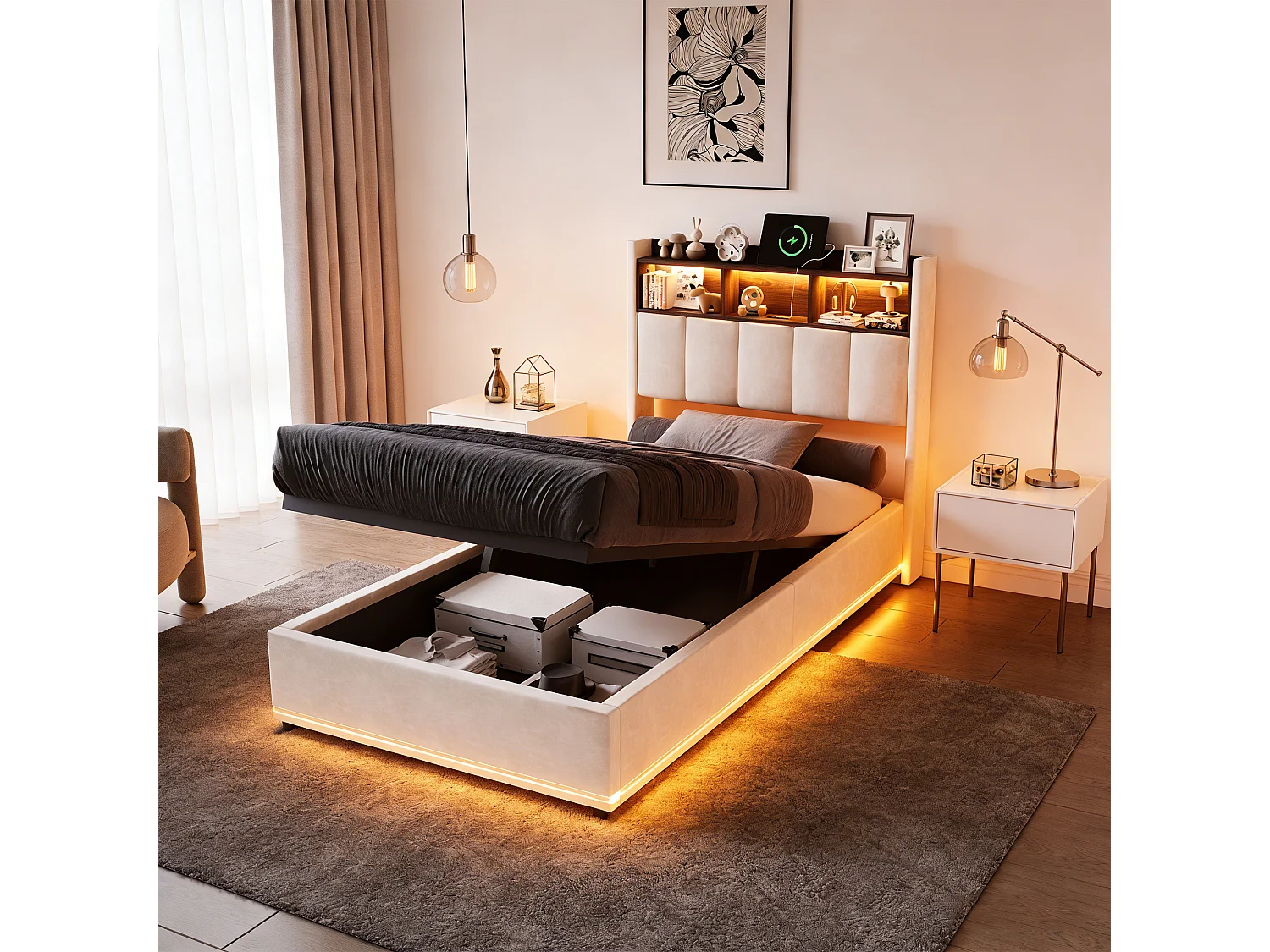 Lit coffre 90x200 cm rembourré, sommier à lattes, lit d'adulte 90x200 avec LED, tête de lit rangement avec USB et type-c, velours, beige