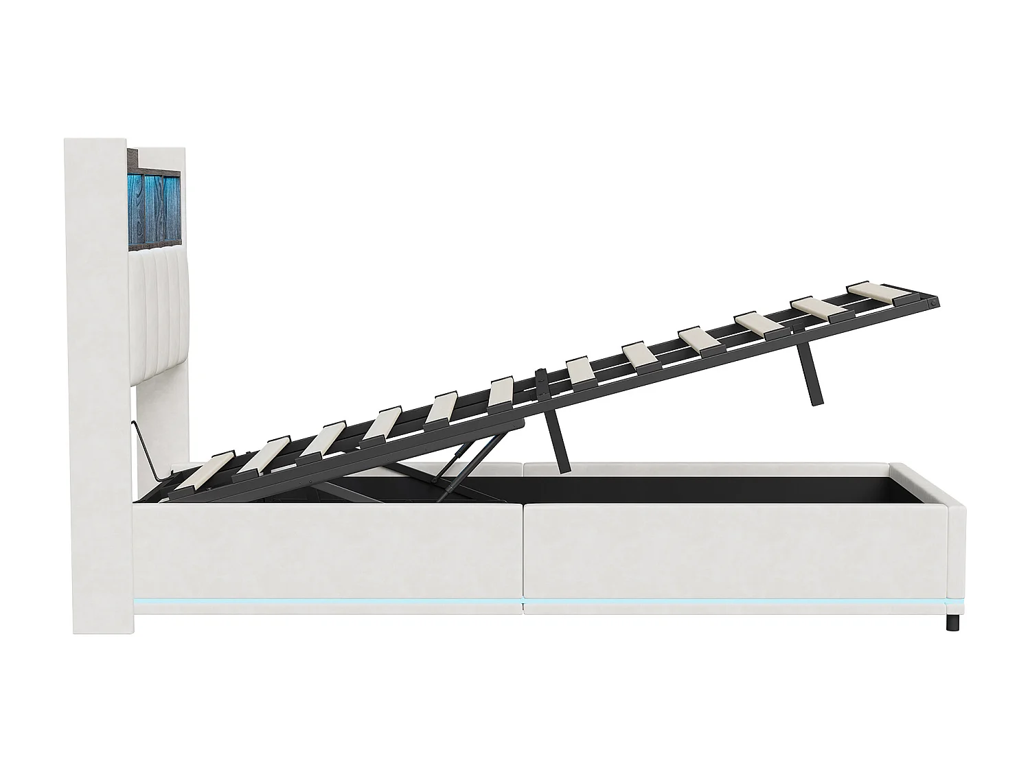 Lit coffre 90x200 cm rembourré, sommier à lattes, lit d'adulte 90x200 avec LED, tête de lit rangement avec USB et type-c, velours, beige