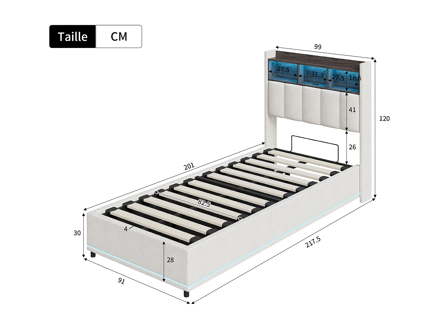 Lit coffre 90x200 cm rembourré, sommier à lattes, lit d'adulte 90x200 avec LED, tête de lit rangement avec USB et type-c, velours, beige