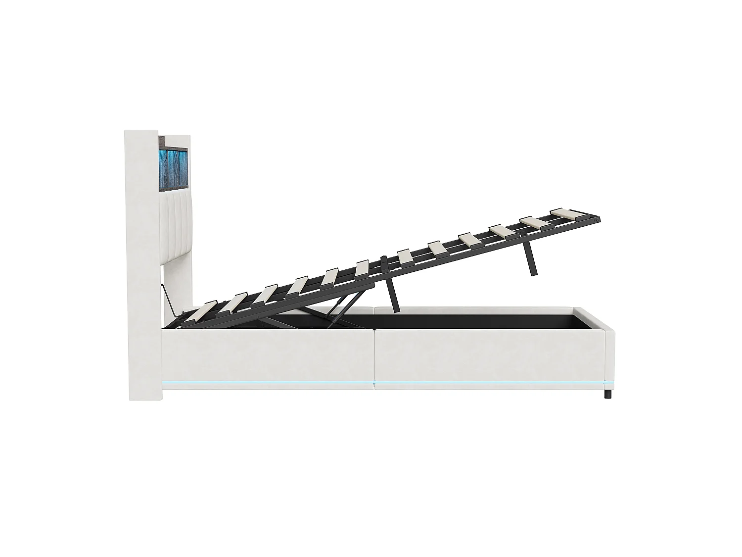 Lit coffre 90 x 200 cm - Lit adulte rembourré avec sommier à lattes, LED, tête de lit avec rangement et ports USB/Type-C - tissu velours beige