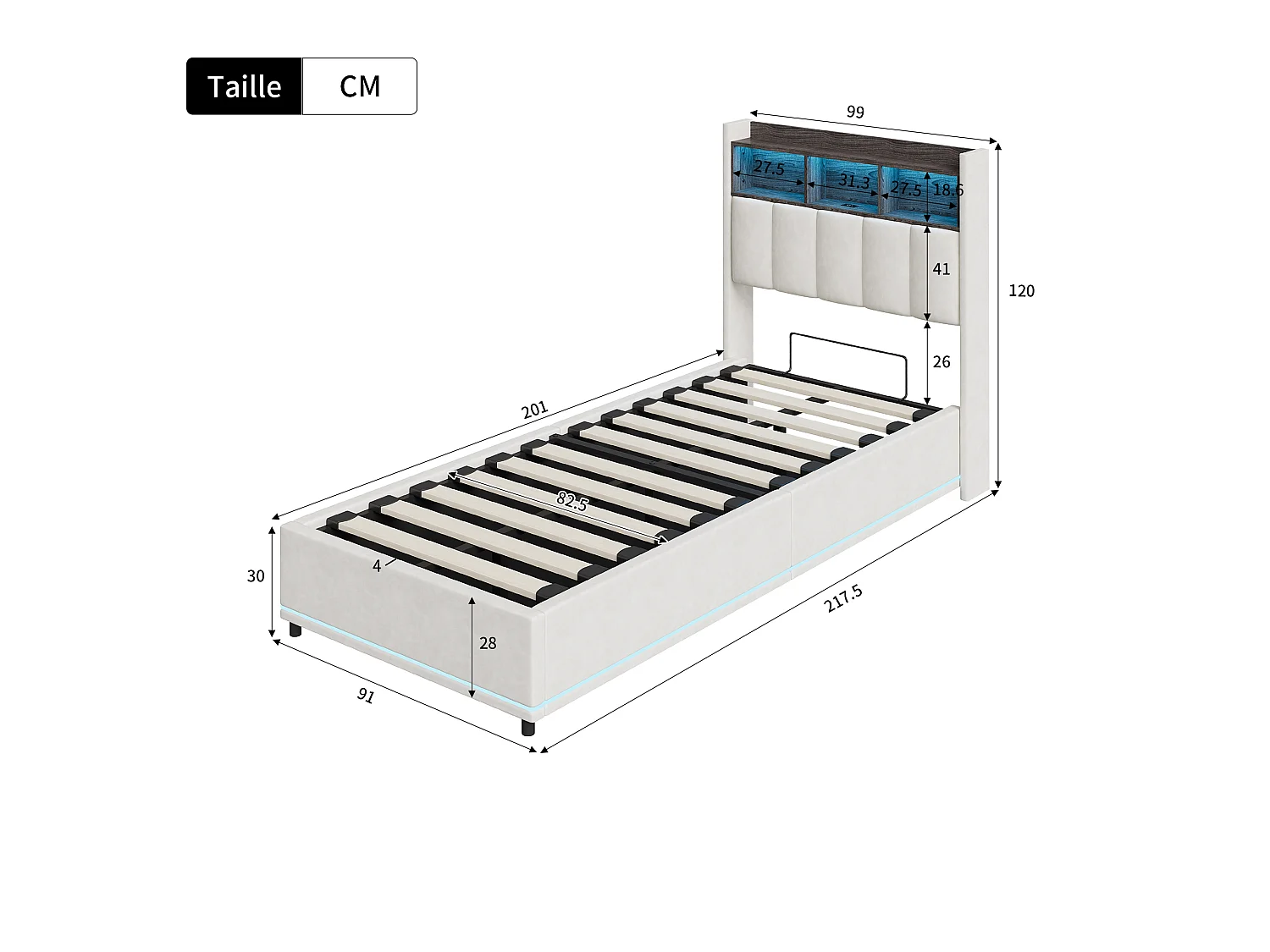 Lit coffre 90 x 200 cm - Lit adulte rembourré avec sommier à lattes, LED, tête de lit avec rangement et ports USB/Type-C - tissu velours beige