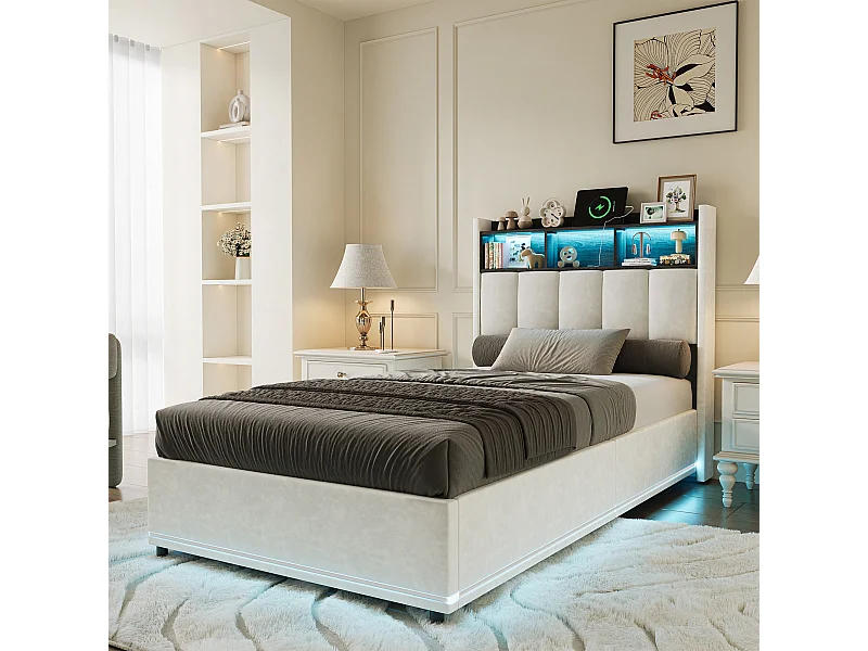 Lit coffre 90x200 cm rembourré, sommier à lattes, lit d'adulte 90x200 avec LED, tête de lit rangement avec USB et type-c, velours, beige