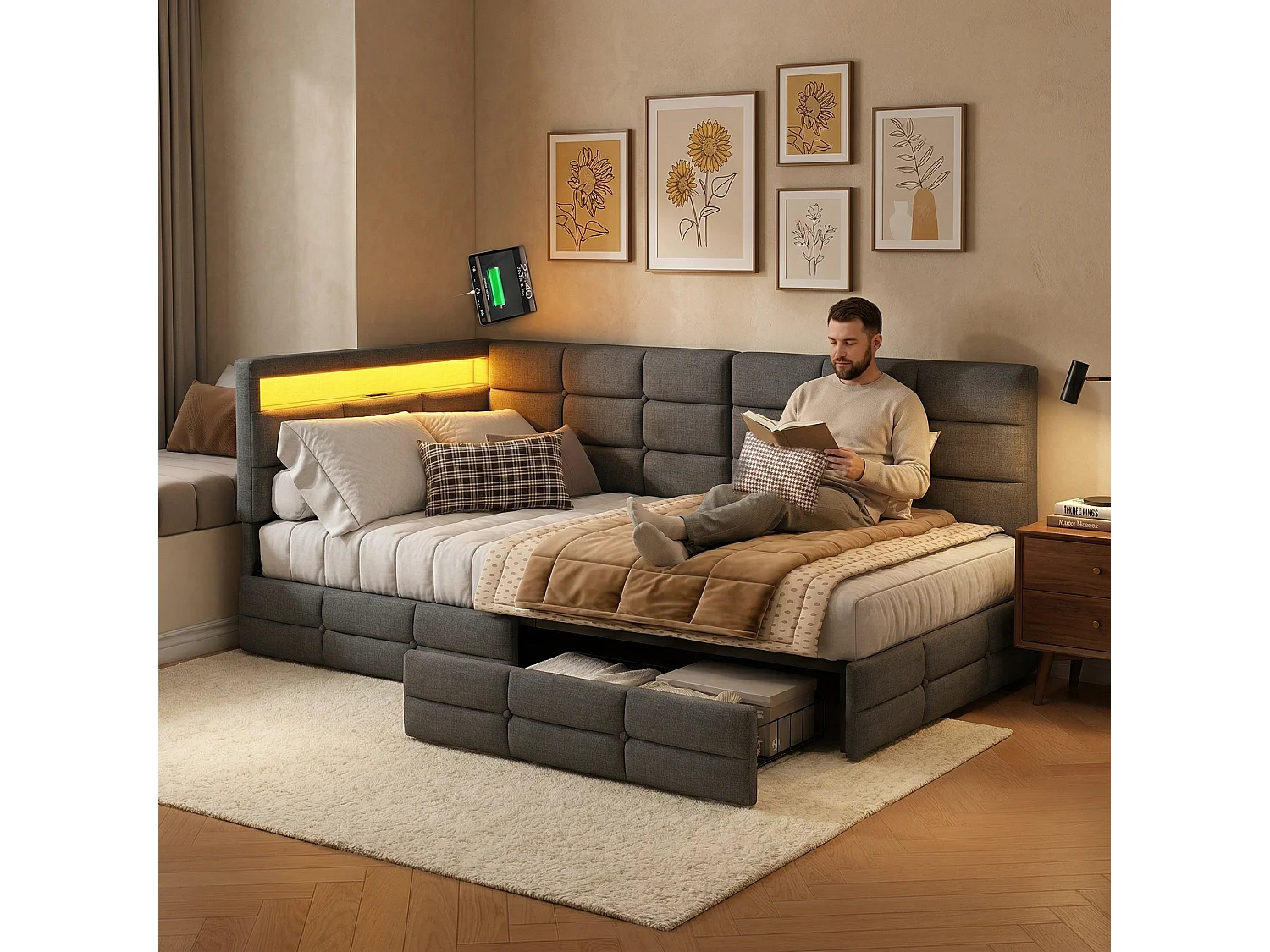 Gestoffeerd bed 90 x 200 cm met 2 lades, lattenbodem, gestoffeerde slaapbank 90 x 200 cm met USB en LED, linnen stof, grijs