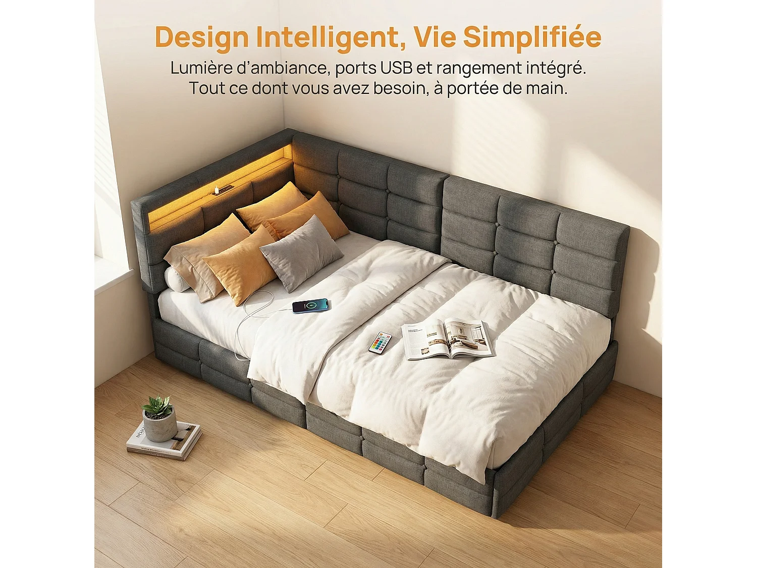 Gestoffeerd bed 90 x 200 cm met 2 lades, lattenbodem, gestoffeerde slaapbank 90 x 200 cm met USB en LED, linnen stof, grijs