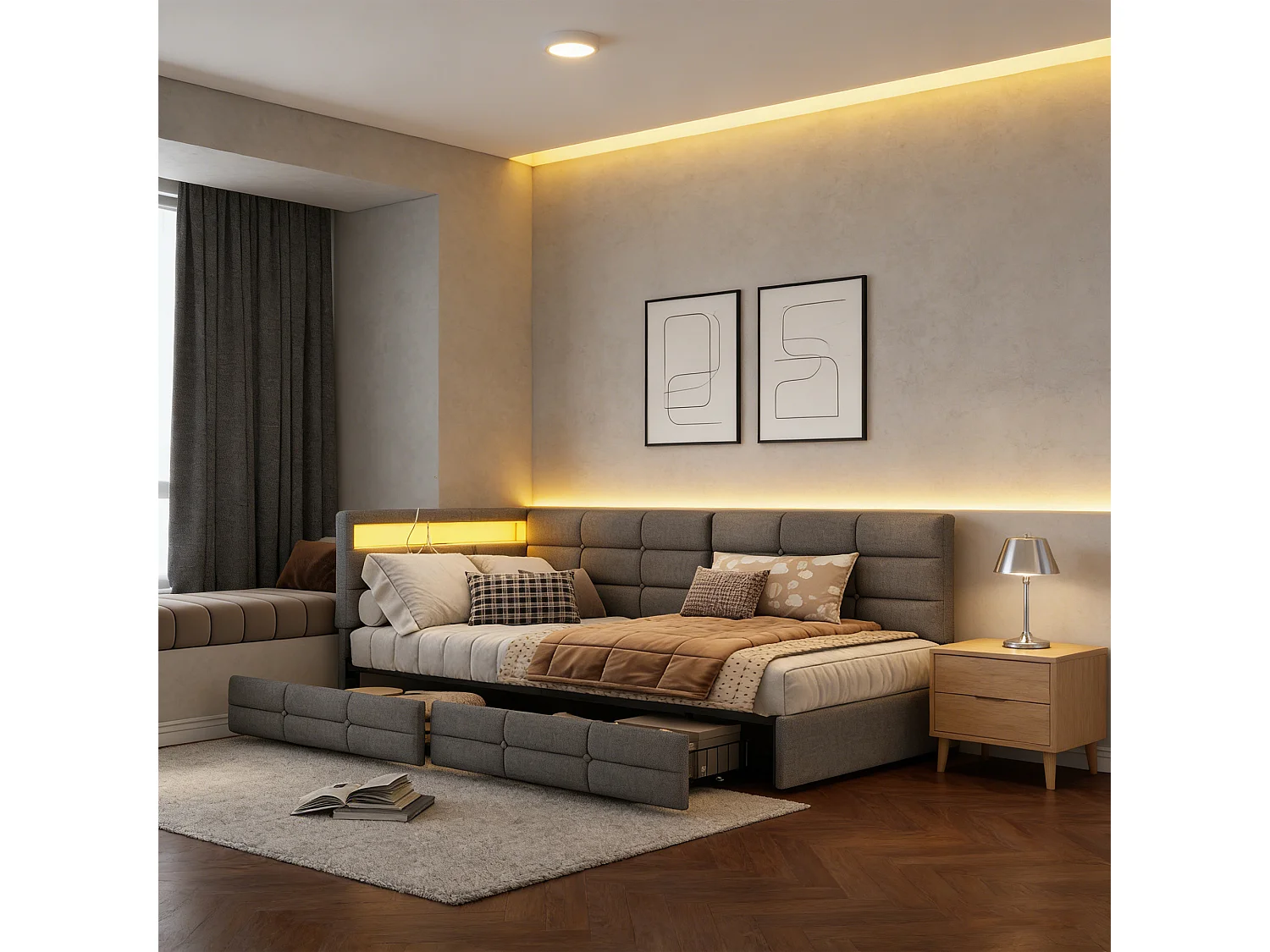 Gestoffeerd bed 90 x 200 cm met 2 lades, lattenbodem, gestoffeerde slaapbank 90 x 200 cm met USB en LED, linnen stof, grijs