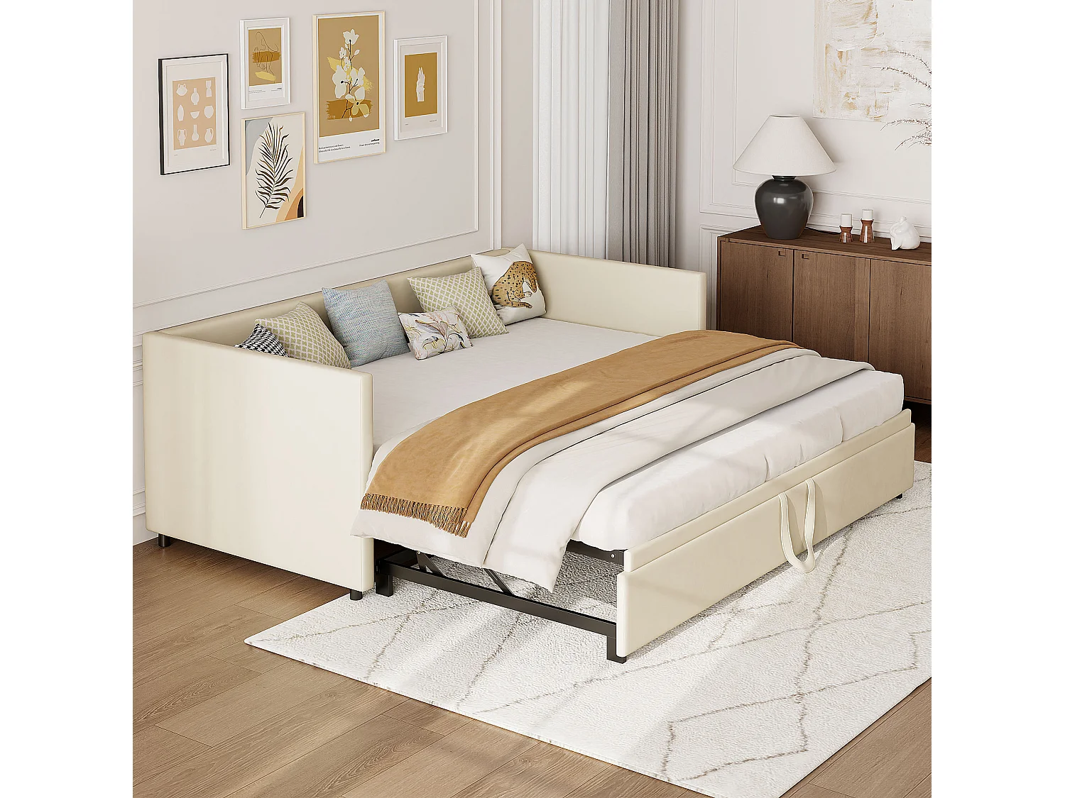 Canapé-lit gigogne capitonné 90 x 190 cm, couchage extensible 180 x 190 cm – Sommiers à lattes et revêtement en velours beige