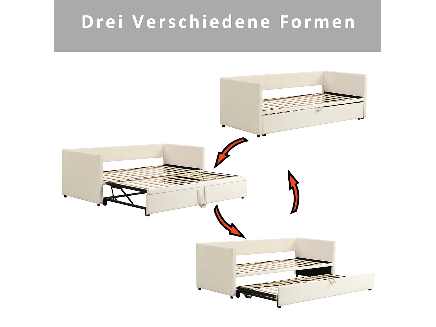Canapé-lit gigogne capitonné 90 x 190 cm, couchage extensible 180 x 190 cm – Sommiers à lattes et revêtement en velours beige