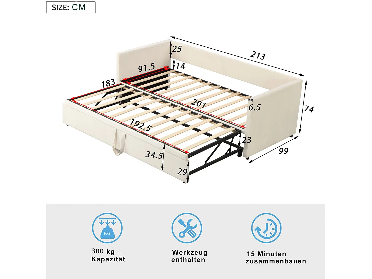 Canapé-lit gigogne capitonné 90 x 190 cm, couchage extensible 180 x 190 cm – Sommiers à lattes et revêtement en velours beige