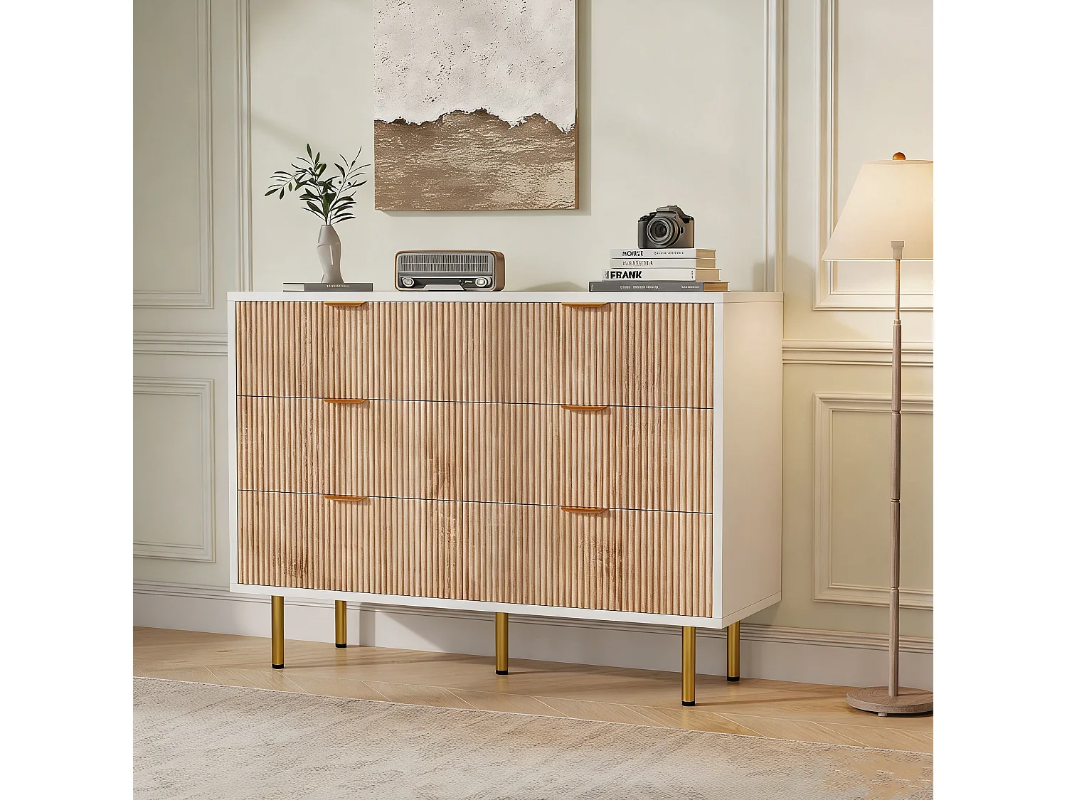Commode 6  Effet Bois, style scandinave, couleur bois naturel et blanc, 100x34x73 cm