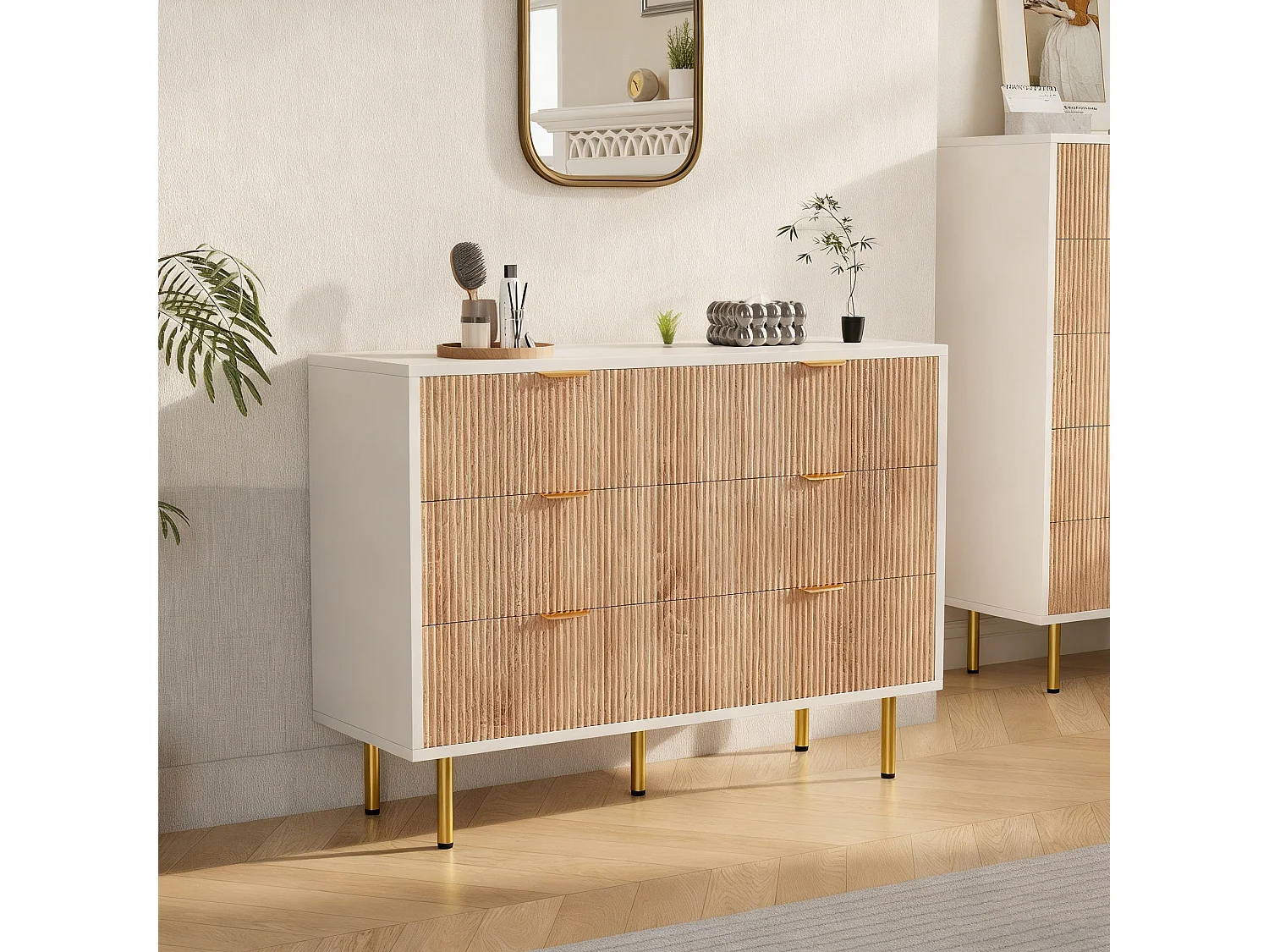 Commode 6  Effet Bois, style scandinave, couleur bois naturel et blanc, 100x34x73 cm