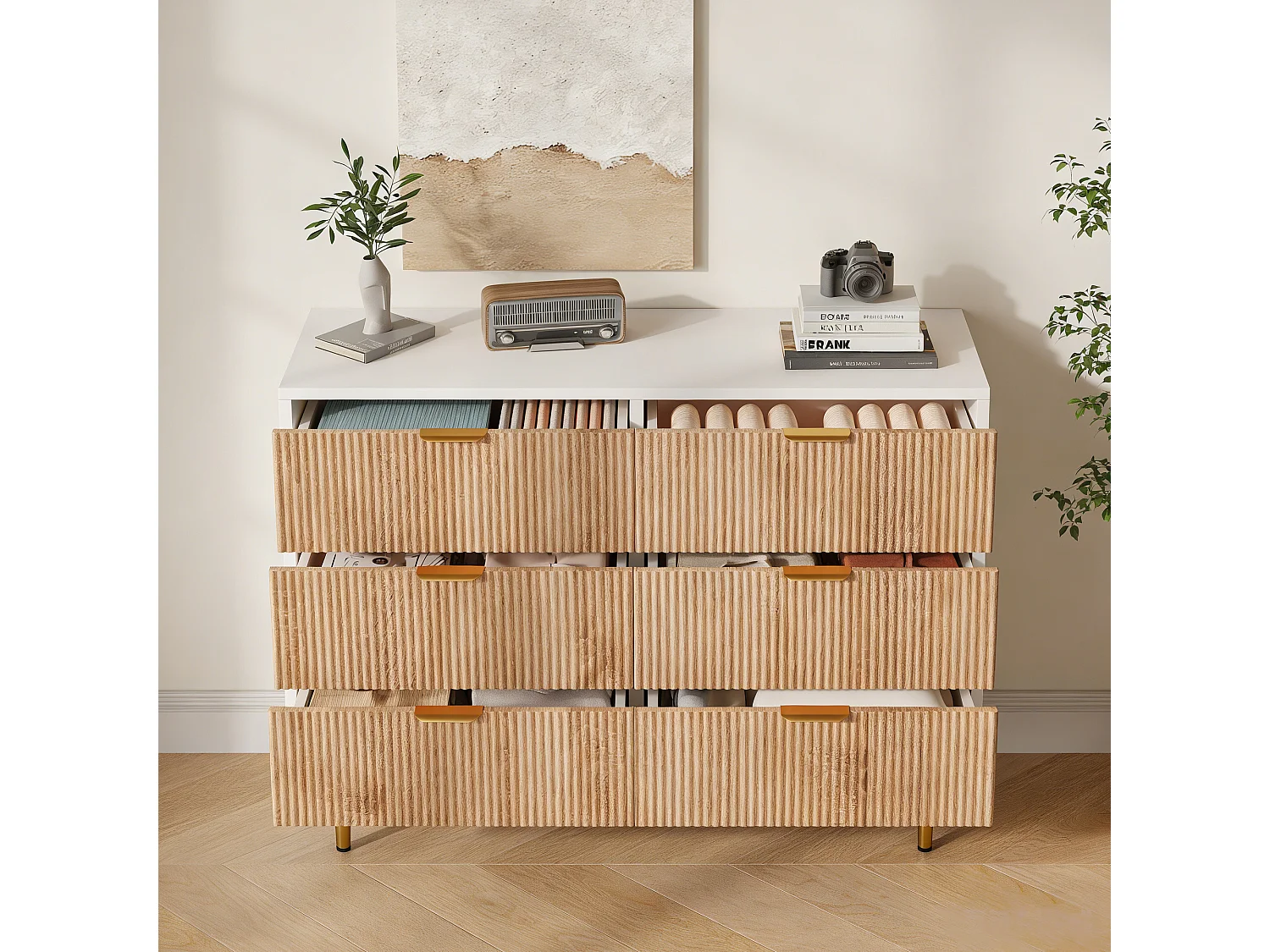 Commode 6  Effet Bois, style scandinave, couleur bois naturel et blanc, 100x34x73 cm