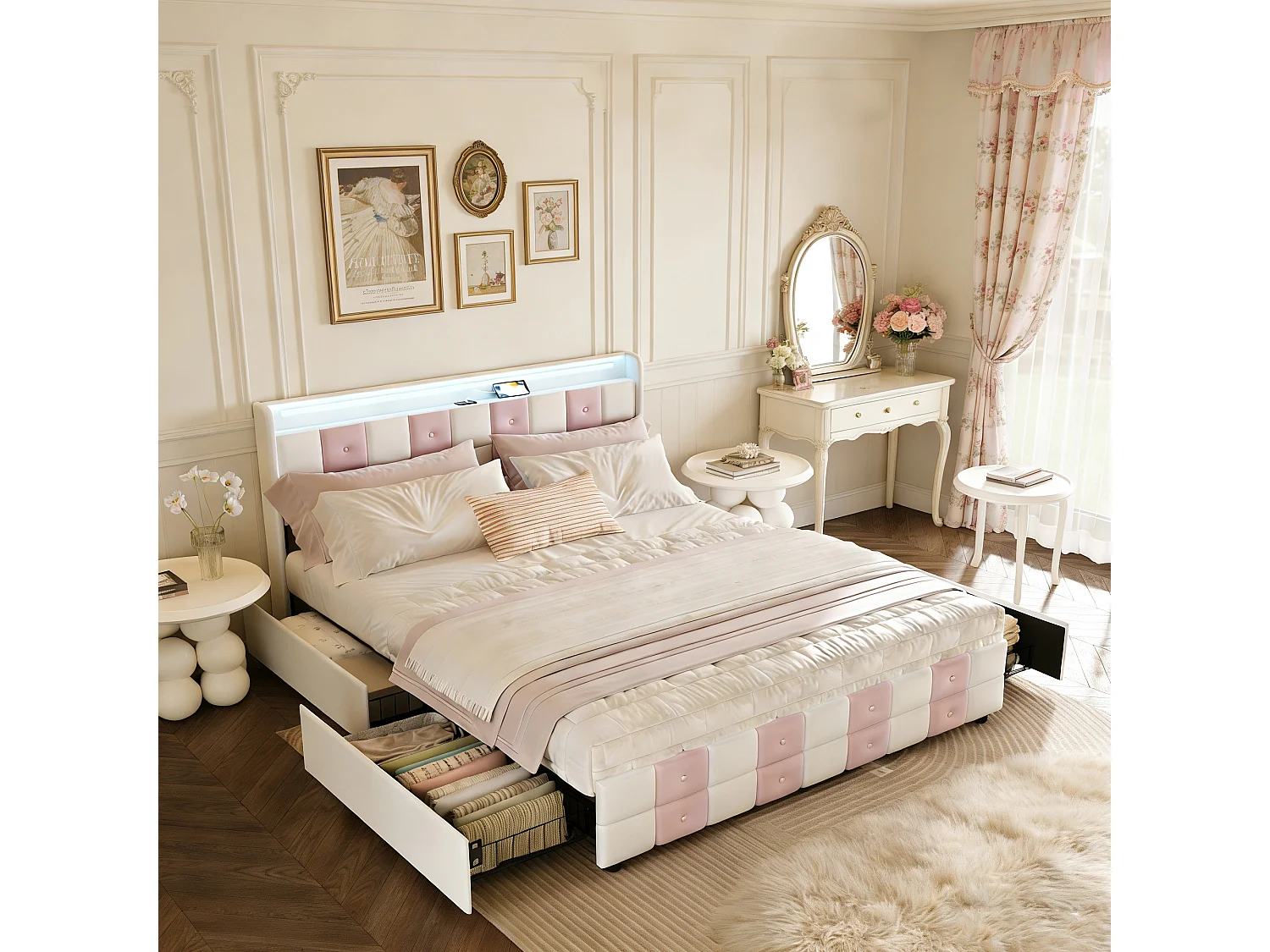 Lit adulte 140x190 tiroir - tissu velours - USB et Type C - lit double 140x200 cm avec sommier à latte - LED - Matelassage et boutons - blanc et rose