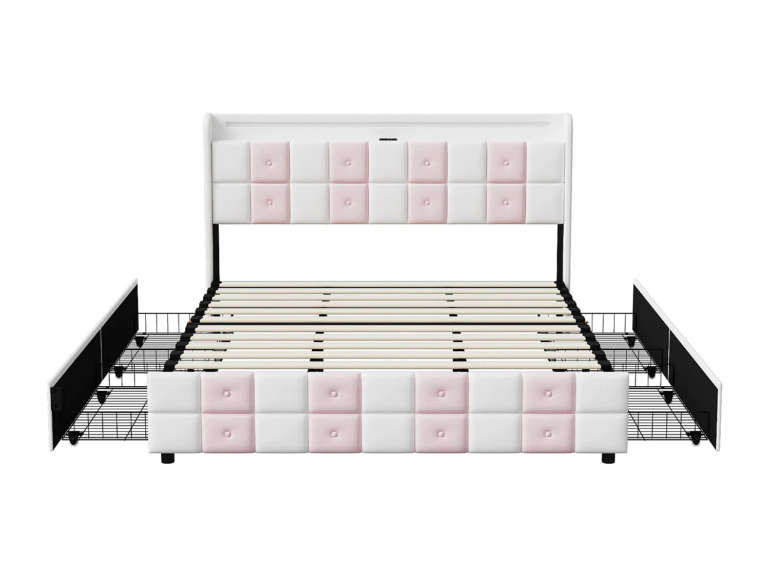 Lit adulte 140x190 tiroir - tissu velours - USB et Type C - lit double 140x200 cm avec sommier à latte - LED - Matelassage et boutons - blanc et rose