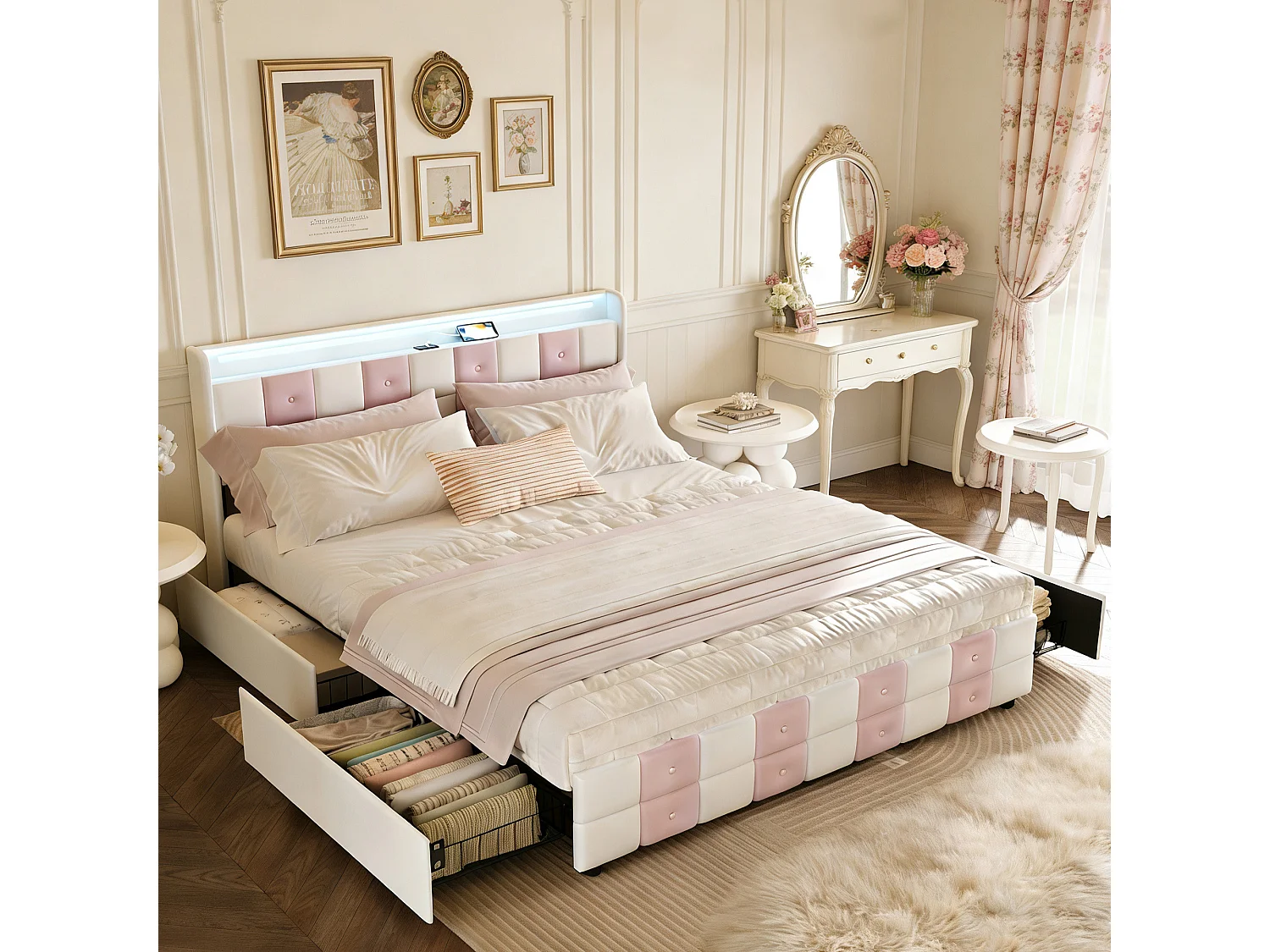 Lit adulte 140x190 cm avec tiroirs et sommier à latte, lit capitonné 140x190 cm avec LED - tissu velours - Blanc et rose - NEXU