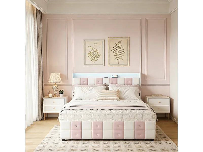Lit adulte 140x190 tiroir - tissu velours - USB et Type C - lit double 140x200 cm avec sommier à latte - LED - Matelassage et boutons - blanc et rose
