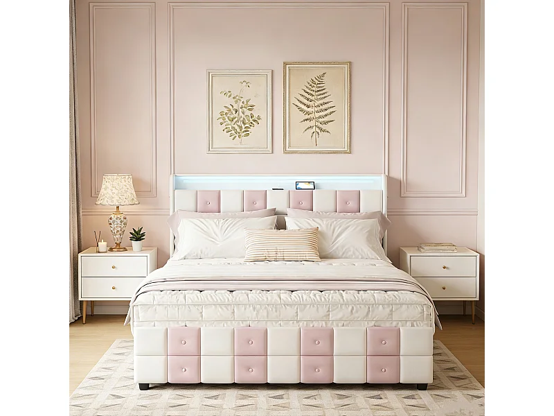 Lit adulte 140x190 tiroir - tissu velours - USB et Type C - lit double 140x200 cm avec sommier à latte - LED - Matelassage et boutons - blanc et rose