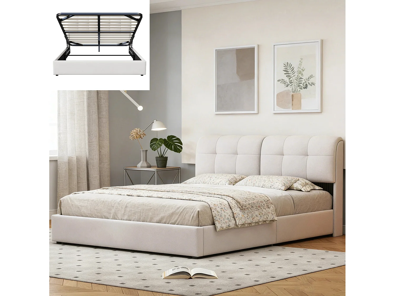 Vente-unique Lit coffre 160x200 cm - avec sommier à lattes et LED - tissu en velours - cream - NEXU