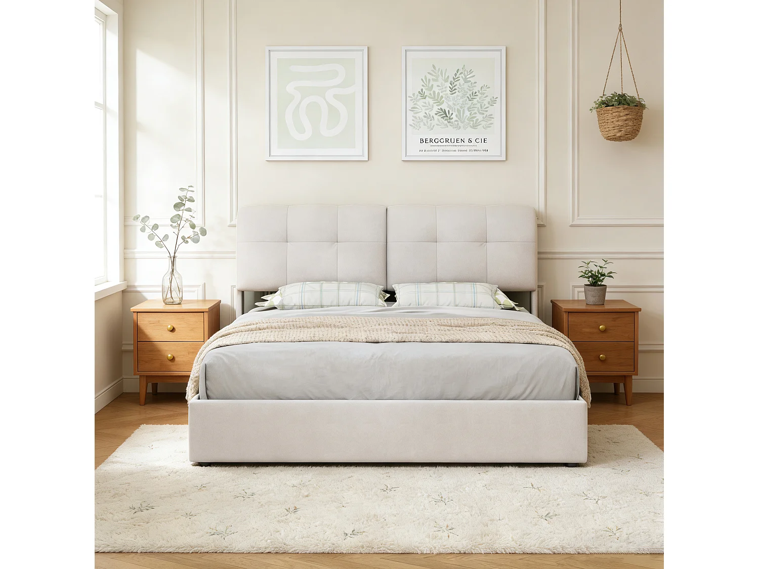 Vente-unique Lit coffre 160x200 cm - avec sommier à lattes et LED - tissu en velours - cream - NEXU