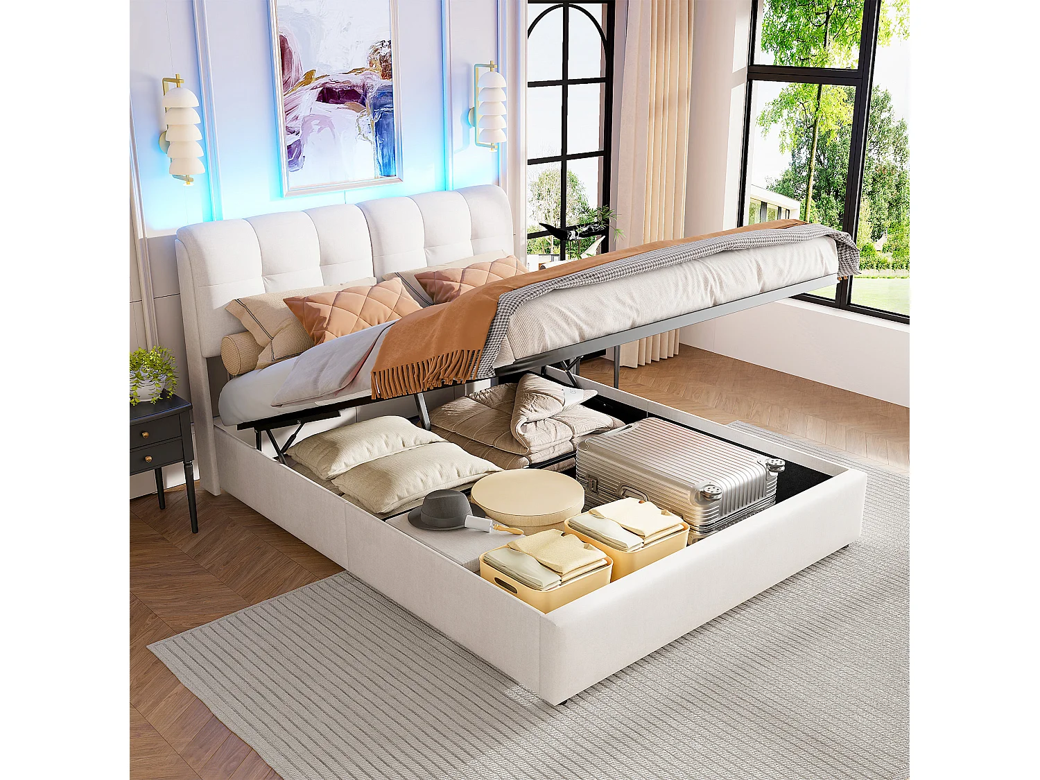 Lit coffre 160 x 200 cm NEXU, avec sommier à lattes et éclairage LED, revêtement en velours crème