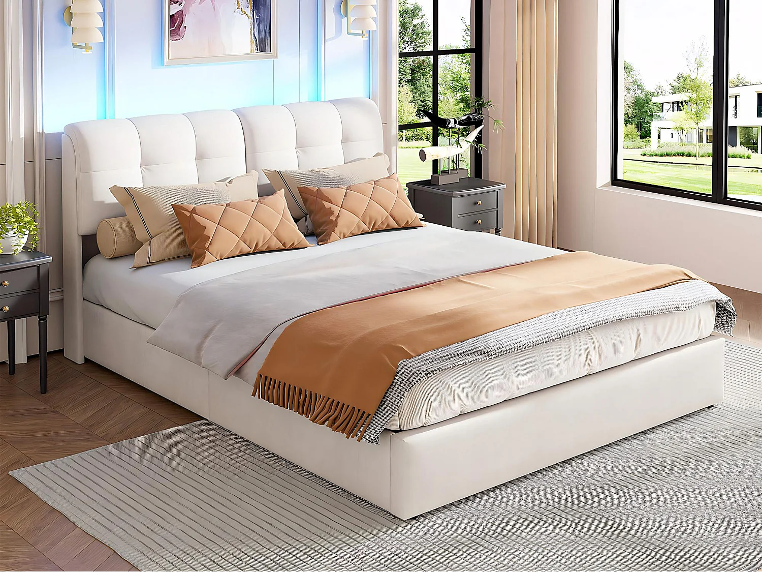 Lit coffre 160 x 200 cm NEXU, avec sommier à lattes et éclairage LED, revêtement en velours crème