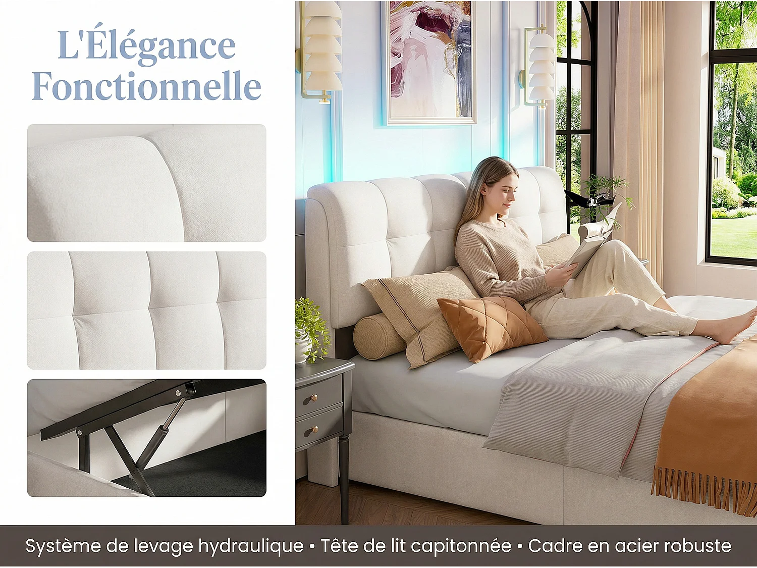 Lit coffre 160 x 200 cm NEXU, avec sommier à lattes et éclairage LED, revêtement en velours crème