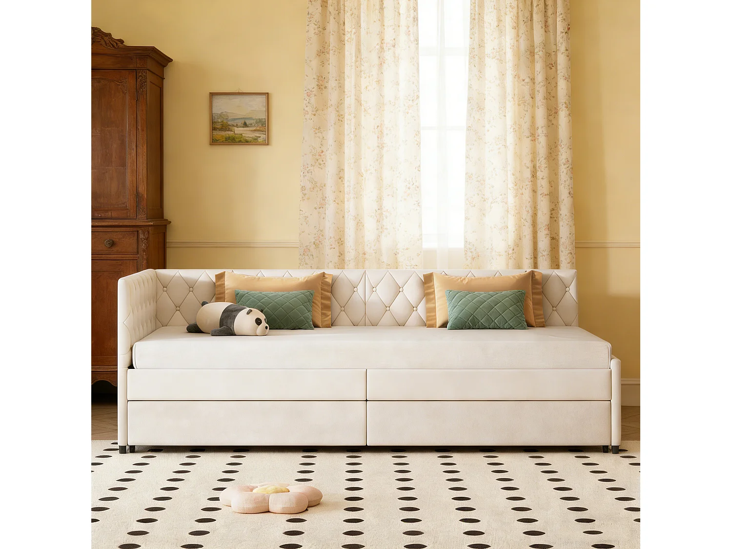 Lit gigogne banquette 90 x 200 cm - canapé-lit extensible en velours - avec sommier à lattes - style scandinave - beige