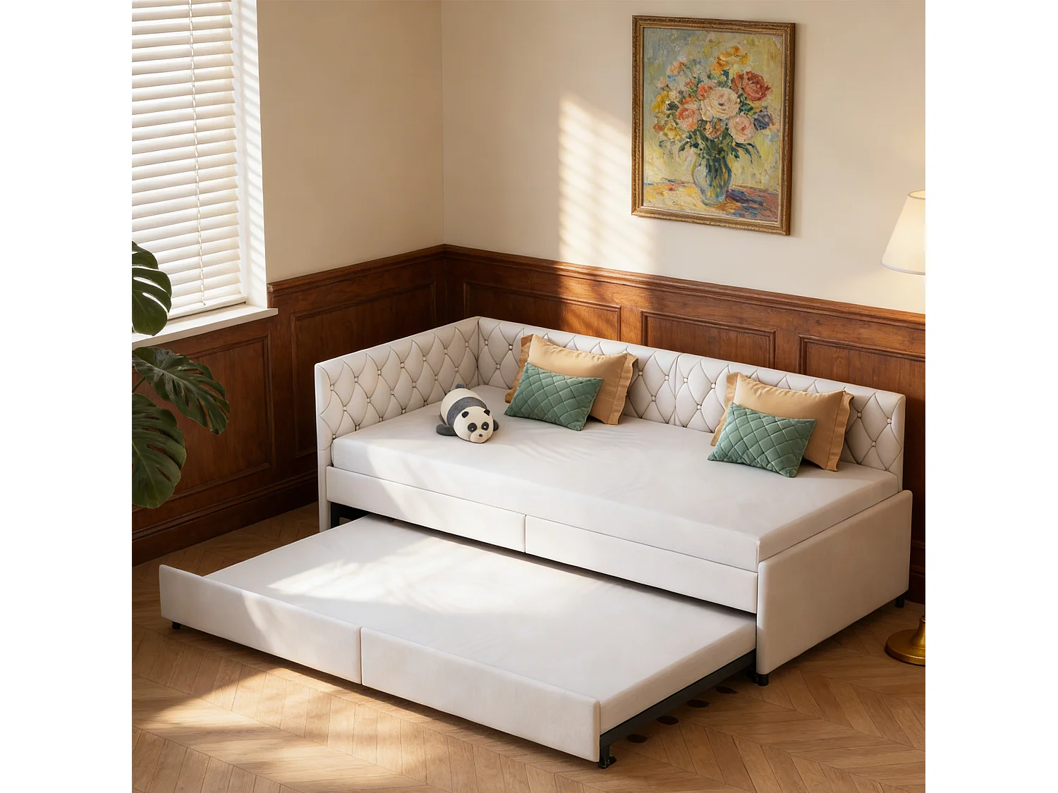 Lit gigogne banquette 90 x 200 cm - canapé-lit extensible en velours - avec sommier à lattes - style scandinave - beige