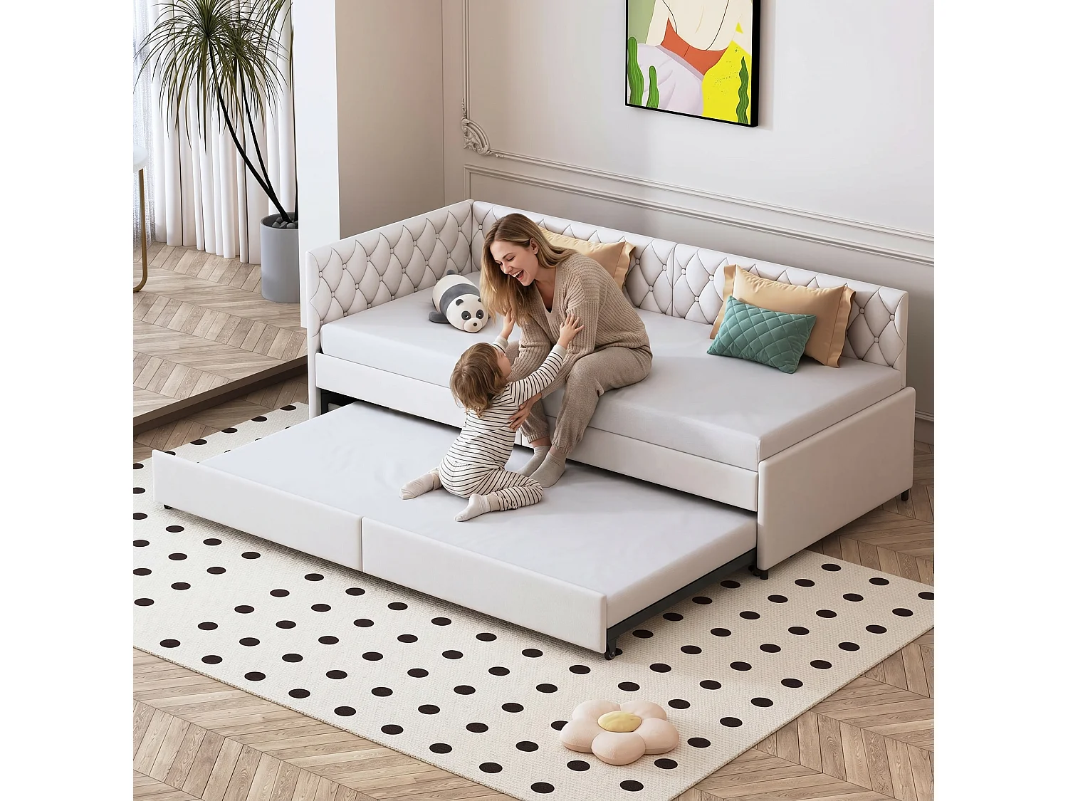90 x 200 cm slaapbank - uitschuifbare fluwelen slaapbank - met lattenbodem - Scandinavische stijl - beige