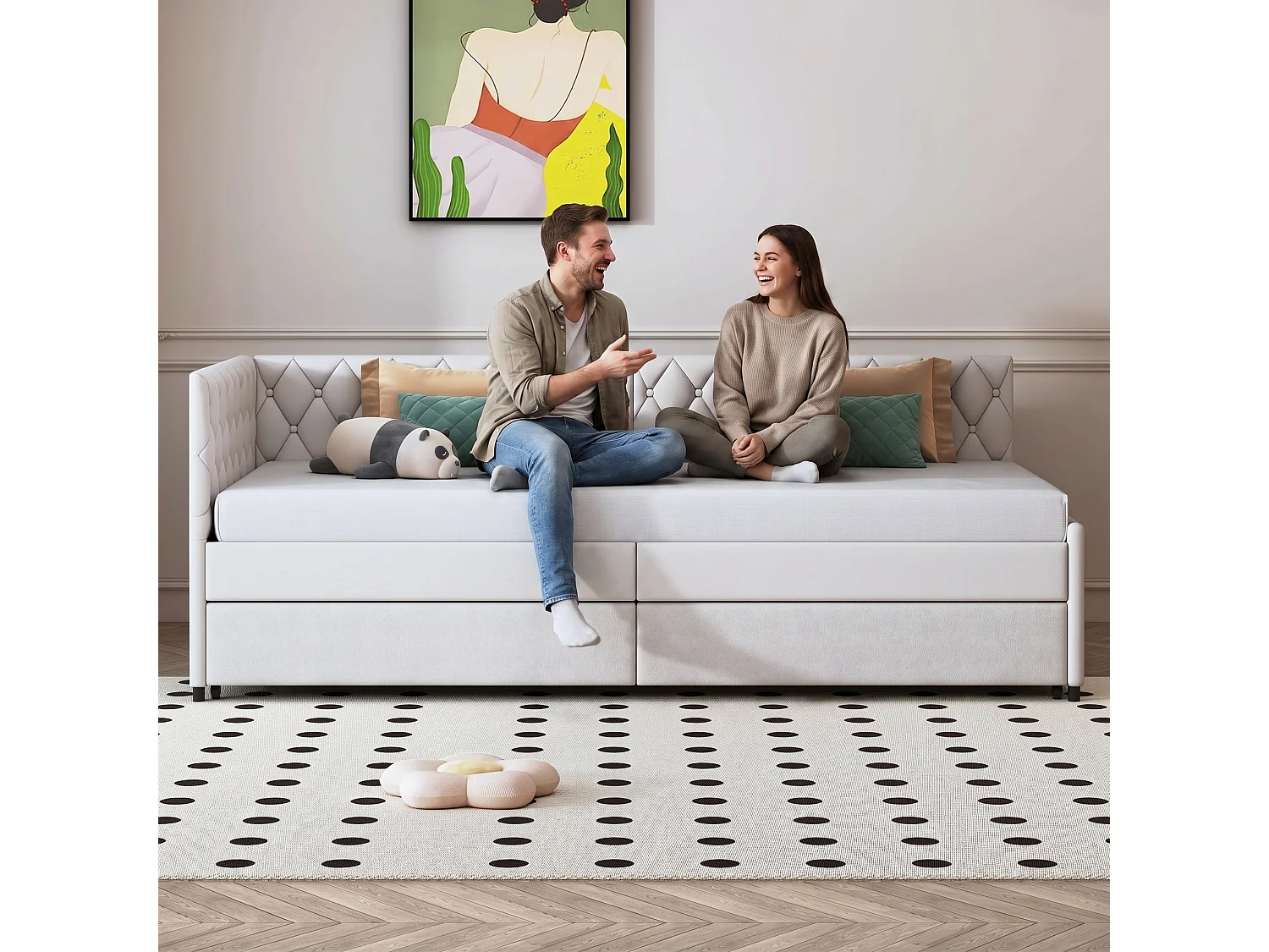 90 x 200 cm slaapbank - uitschuifbare fluwelen slaapbank - met lattenbodem - Scandinavische stijl - beige