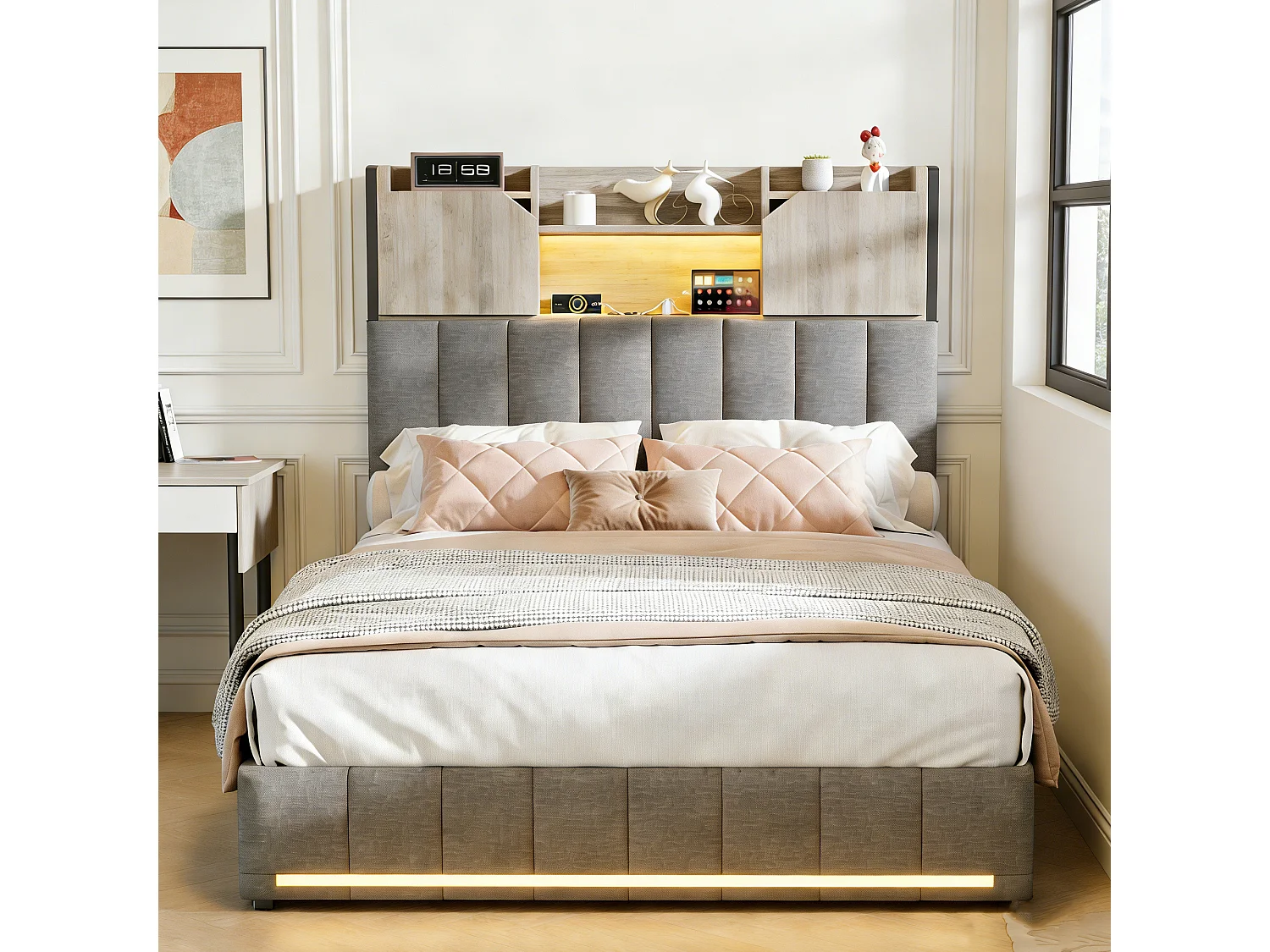 Lit 90x200 cm avec sommier à lattes- Lit ado 90x200 cm avec 2 tiroirs et tête de lit rangements - éclairage LED - lit simple - lin gris