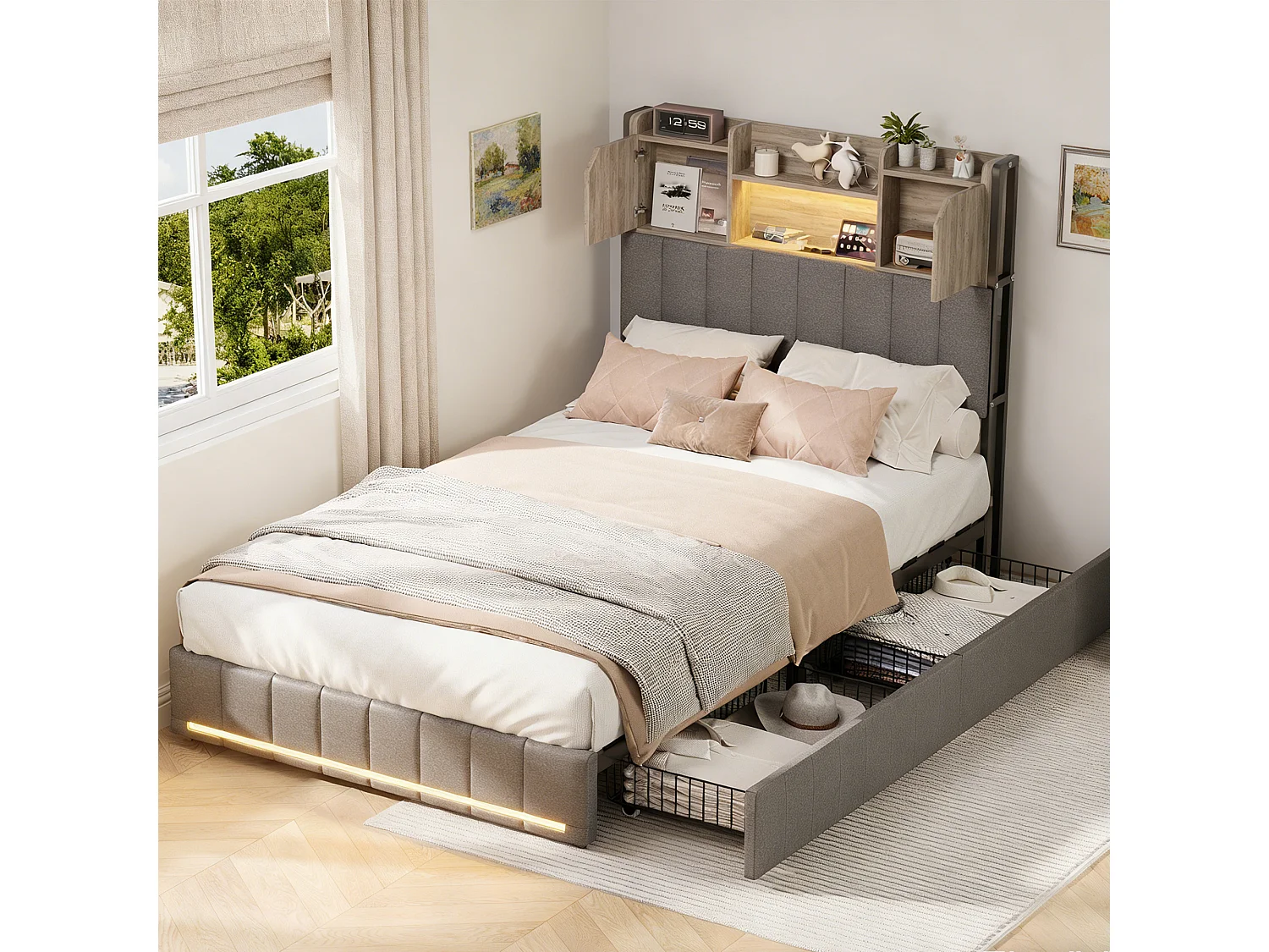 Lit 90x200 cm avec sommier à lattes- Lit ado 90x200 cm avec 2 tiroirs et tête de lit rangements - éclairage LED - lit simple - lin gris