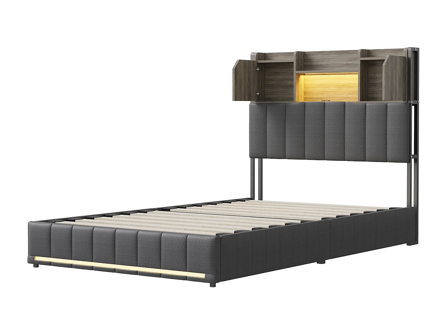 Lit 90x200 cm avec sommier à lattes- Lit ado 90x200 cm avec 2 tiroirs et tête de lit rangements - éclairage LED - lit simple - lin gris