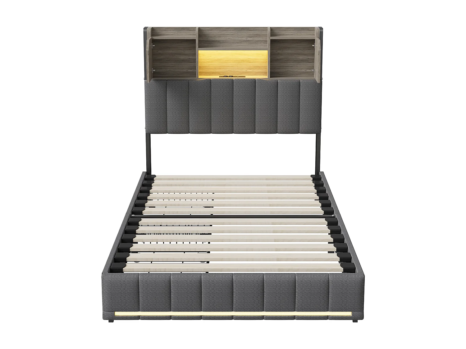 Lit 90x200 cm avec sommier à lattes- Lit ado 90x200 cm avec 2 tiroirs et tête de lit rangements - éclairage LED - lit simple - lin gris