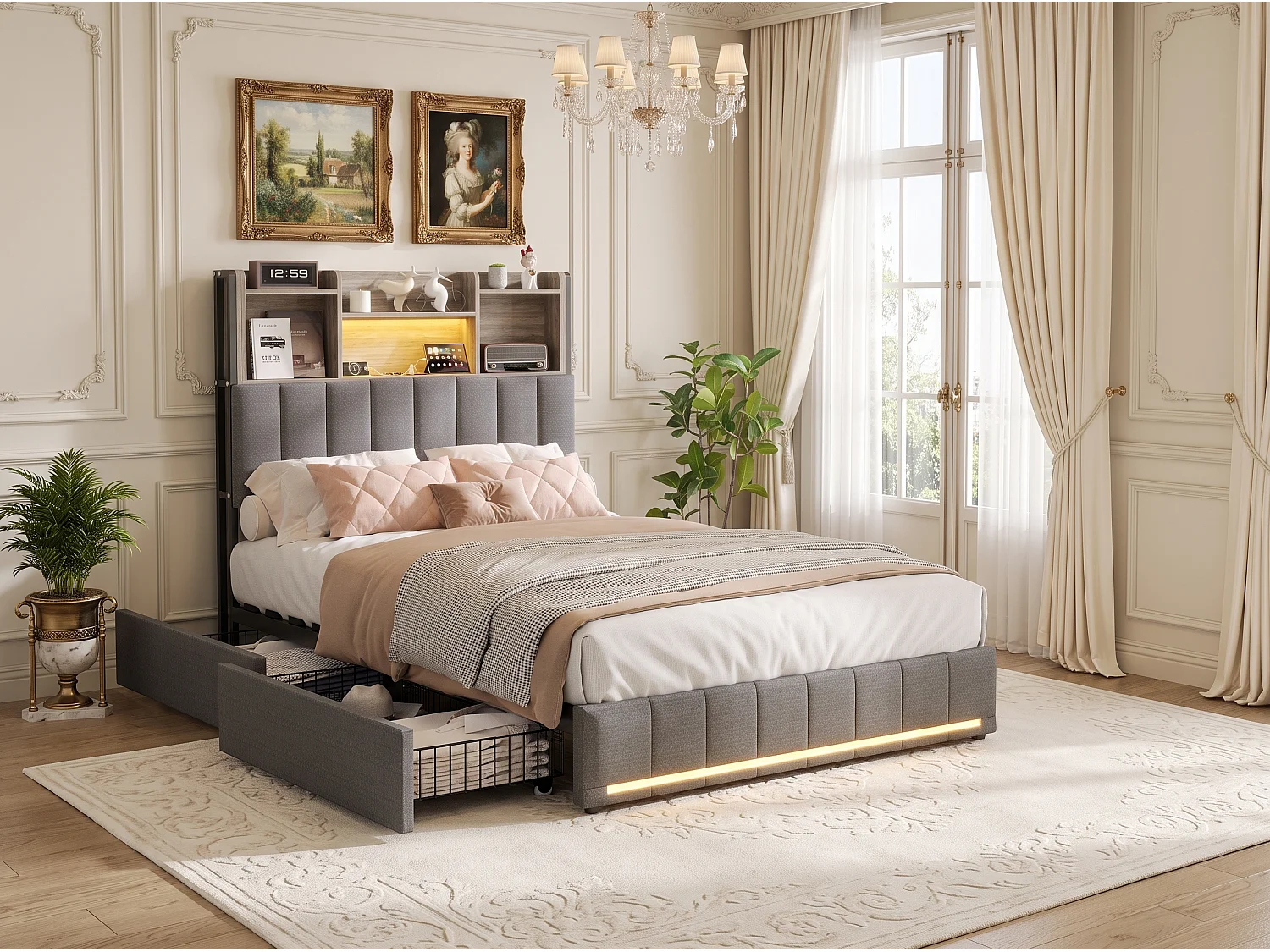 Lit 90x200 cm avec sommier à lattes- Lit ado 90x200 cm avec 2 tiroirs et tête de lit rangements - éclairage LED - lit simple - lin gris