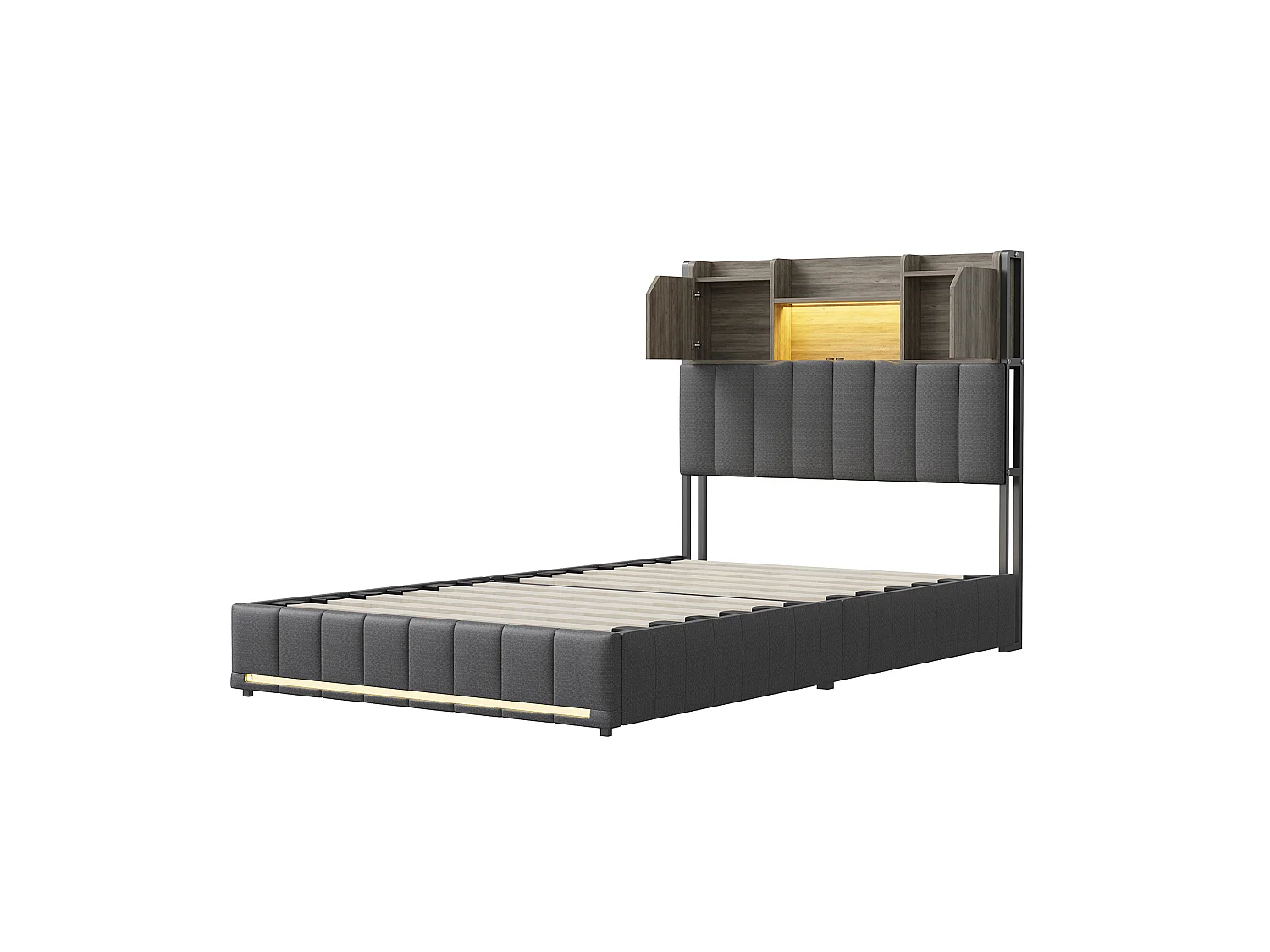 Lit 90x200 cm avec sommier à lattes- Lit ado 90x200 cm avec 2 tiroirs et tête de lit rangements - éclairage LED - lit simple - lin gris