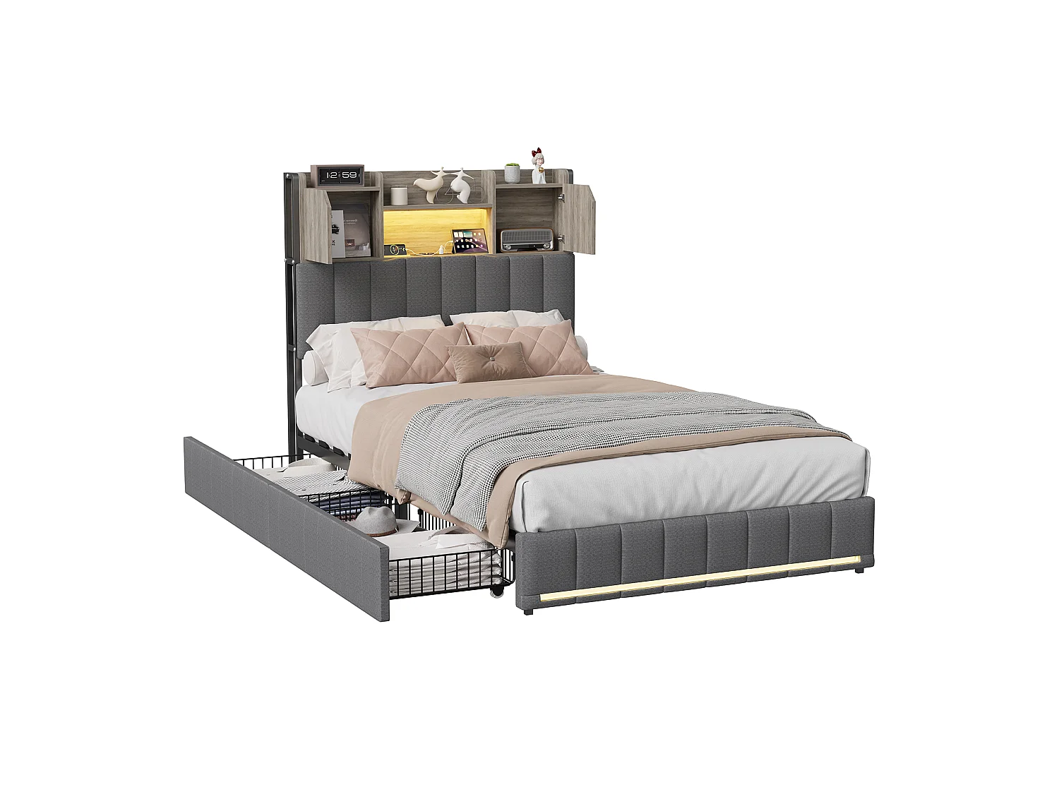 Lit capitonné 90 x 200 cm avec 2 tiroirs - Prises USB, Type C et éclairage LED - Tissu en lin - Gris (sans matelas)